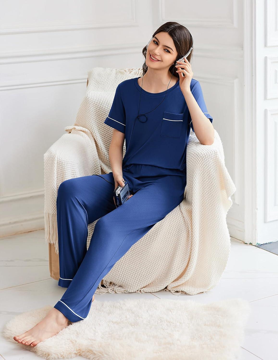 imageEkouaer Womens Pajama Sets Short Sleeve Top and Pants 2 Piece Pjs Soft Sleepwear Comfy Lounge Set SXXLNavy Blue