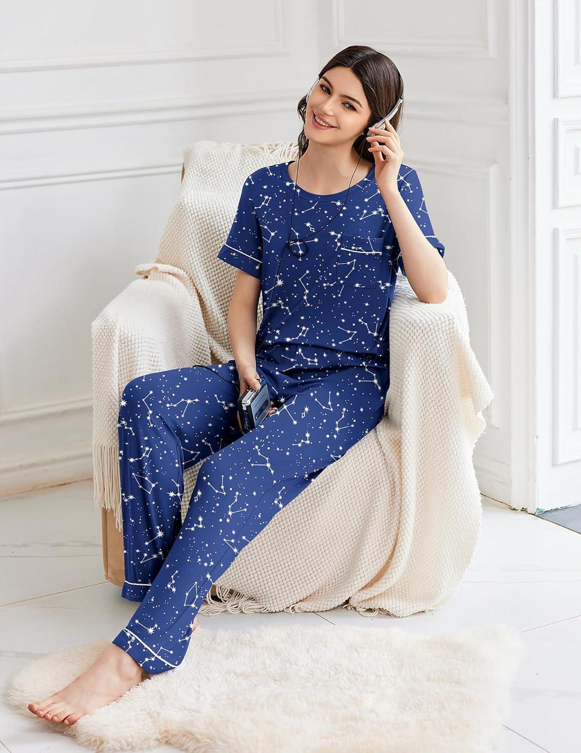 imageEkouaer Womens Pajama Sets Short Sleeve Top and Pants 2 Piece Pjs Soft Sleepwear Comfy Lounge Set SXXLNavy Blue Star