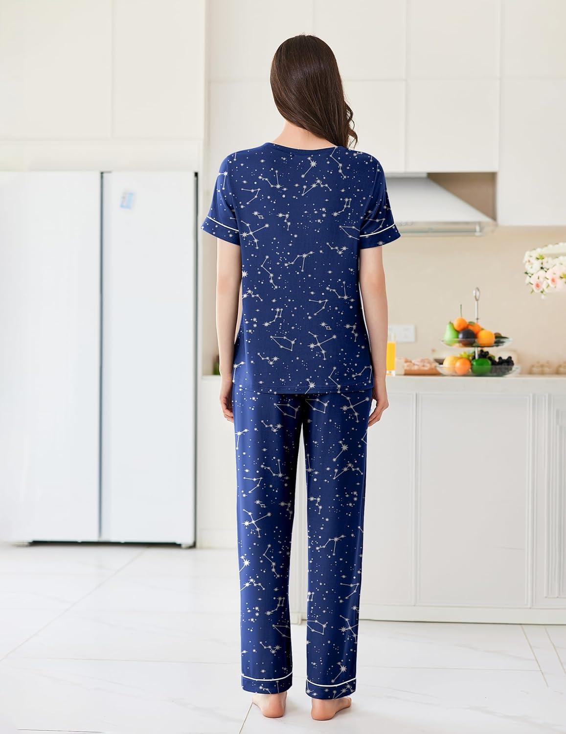 imageEkouaer Womens Pajama Sets Short Sleeve Top and Pants 2 Piece Pjs Soft Sleepwear Comfy Lounge Set SXXLNavy Blue Star