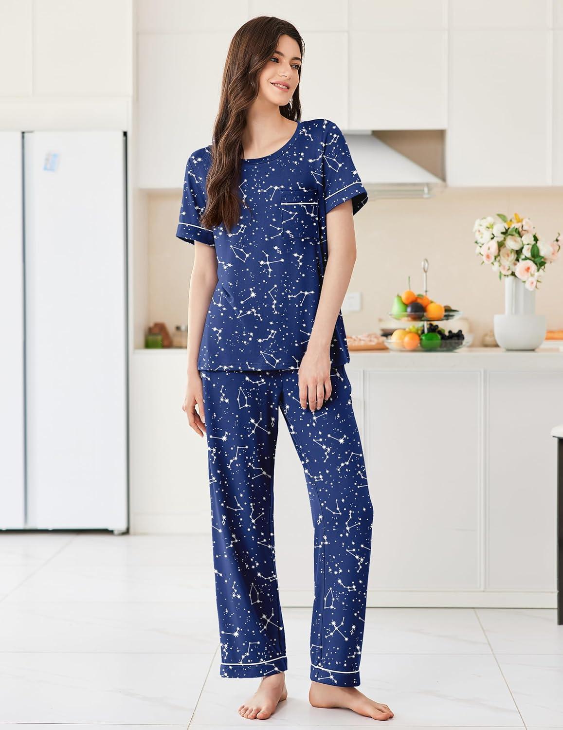 imageEkouaer Womens Pajama Sets Short Sleeve Top and Pants 2 Piece Pjs Soft Sleepwear Comfy Lounge Set SXXLNavy Blue Star