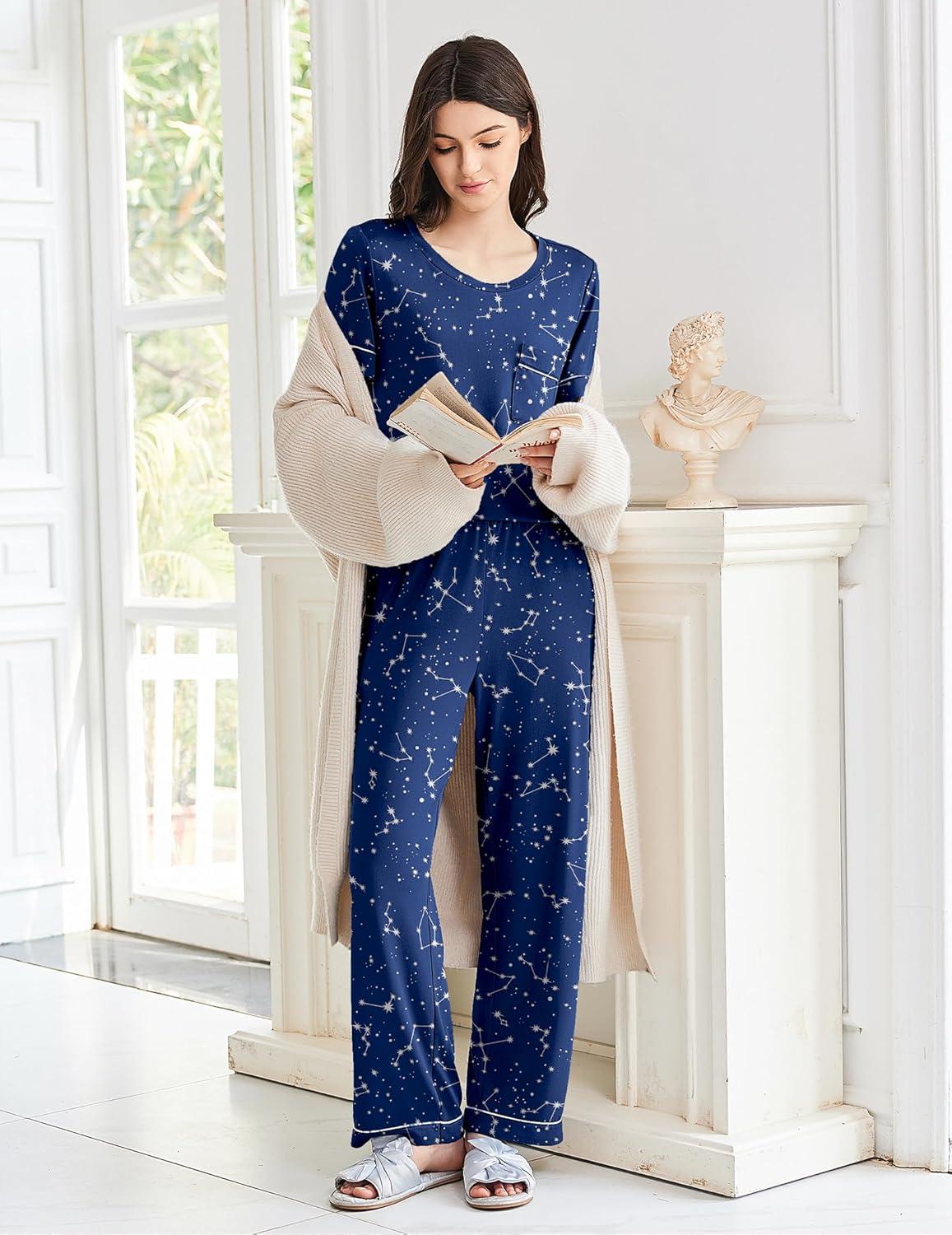 imageEkouaer Womens Pajama Sets Short Sleeve Top and Pants 2 Piece Pjs Soft Sleepwear Comfy Lounge Set SXXLNavy Blue Star