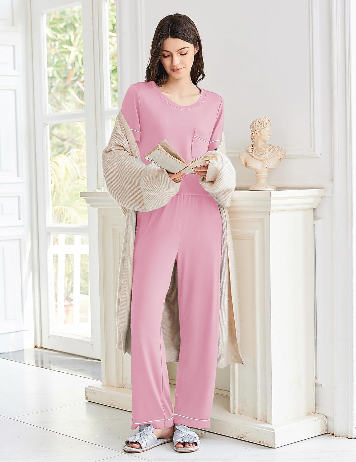 imageEkouaer Womens Pajama Sets Short Sleeve Top and Pants 2 Piece Pjs Soft Sleepwear Comfy Lounge Set SXXLPink