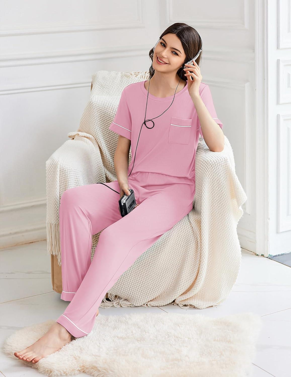 imageEkouaer Womens Pajama Sets Short Sleeve Top and Pants 2 Piece Pjs Soft Sleepwear Comfy Lounge Set SXXLPink