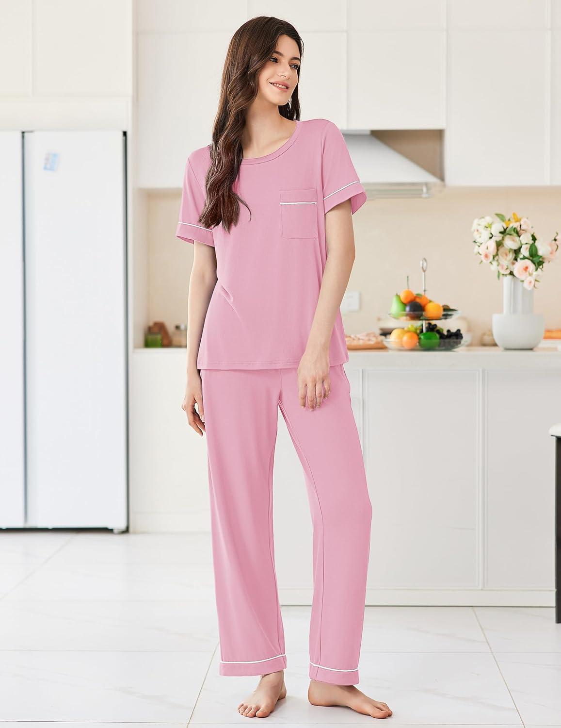 imageEkouaer Womens Pajama Sets Short Sleeve Top and Pants 2 Piece Pjs Soft Sleepwear Comfy Lounge Set SXXLPink