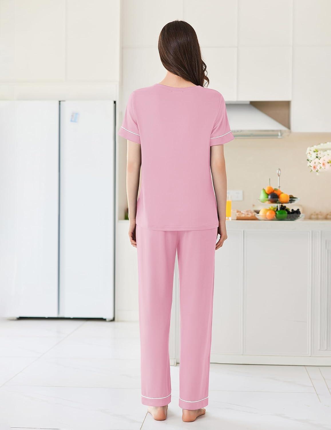imageEkouaer Womens Pajama Sets Short Sleeve Top and Pants 2 Piece Pjs Soft Sleepwear Comfy Lounge Set SXXLPink