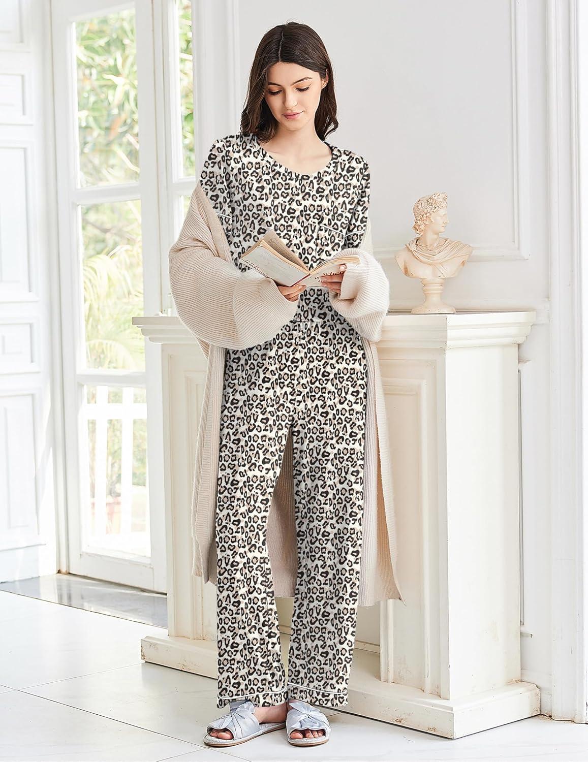 imageEkouaer Womens Pajama Sets Short Sleeve Top and Pants 2 Piece Pjs Soft Sleepwear Comfy Lounge Set SXXLPink Leopard