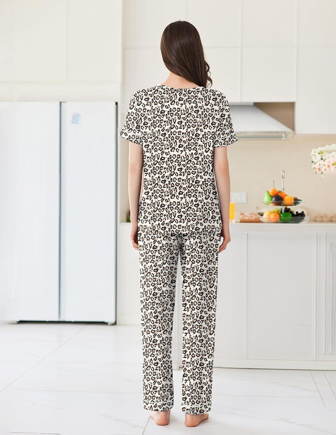 imageEkouaer Womens Pajama Sets Short Sleeve Top and Pants 2 Piece Pjs Soft Sleepwear Comfy Lounge Set SXXLPink Leopard