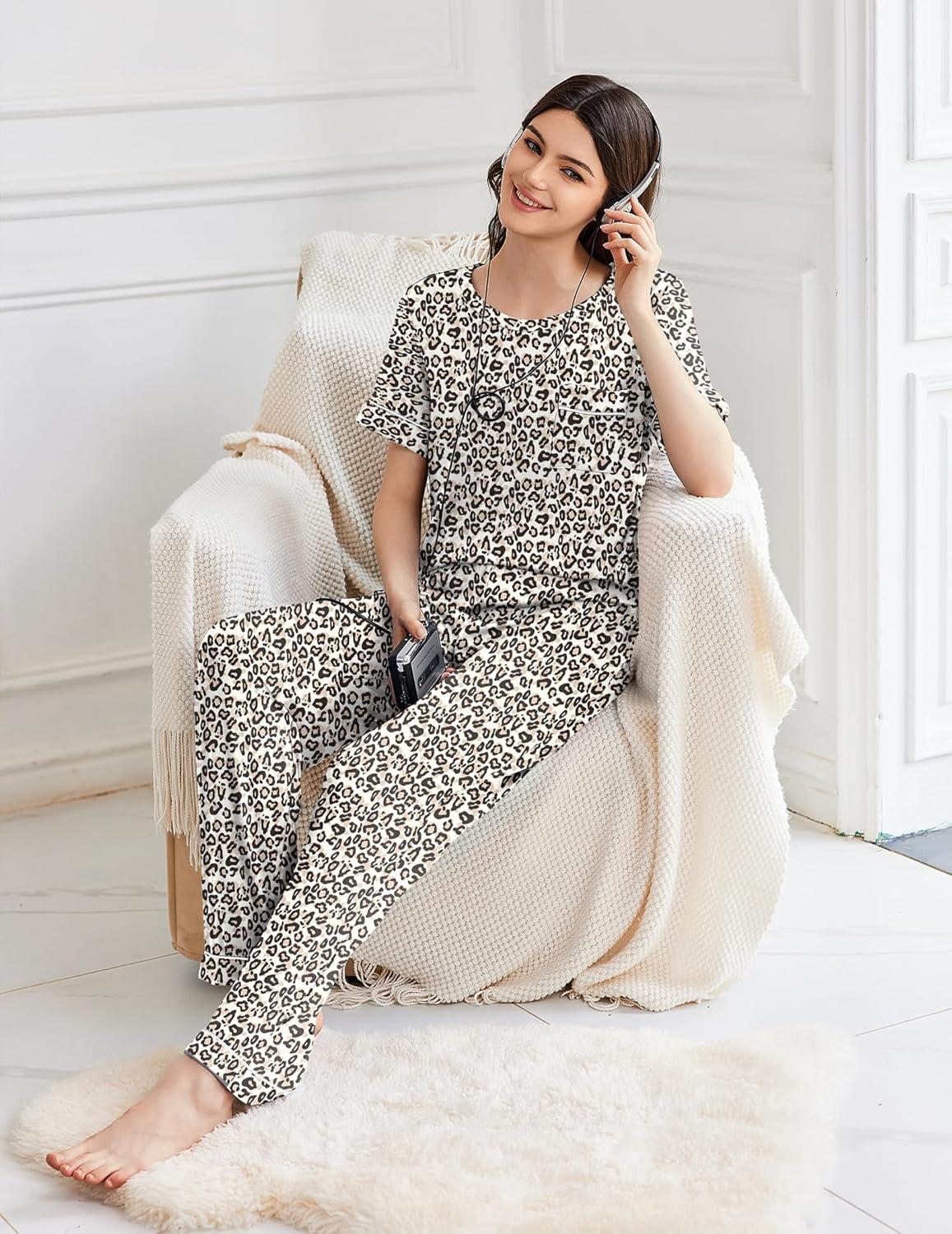 imageEkouaer Womens Pajama Sets Short Sleeve Top and Pants 2 Piece Pjs Soft Sleepwear Comfy Lounge Set SXXLPink Leopard