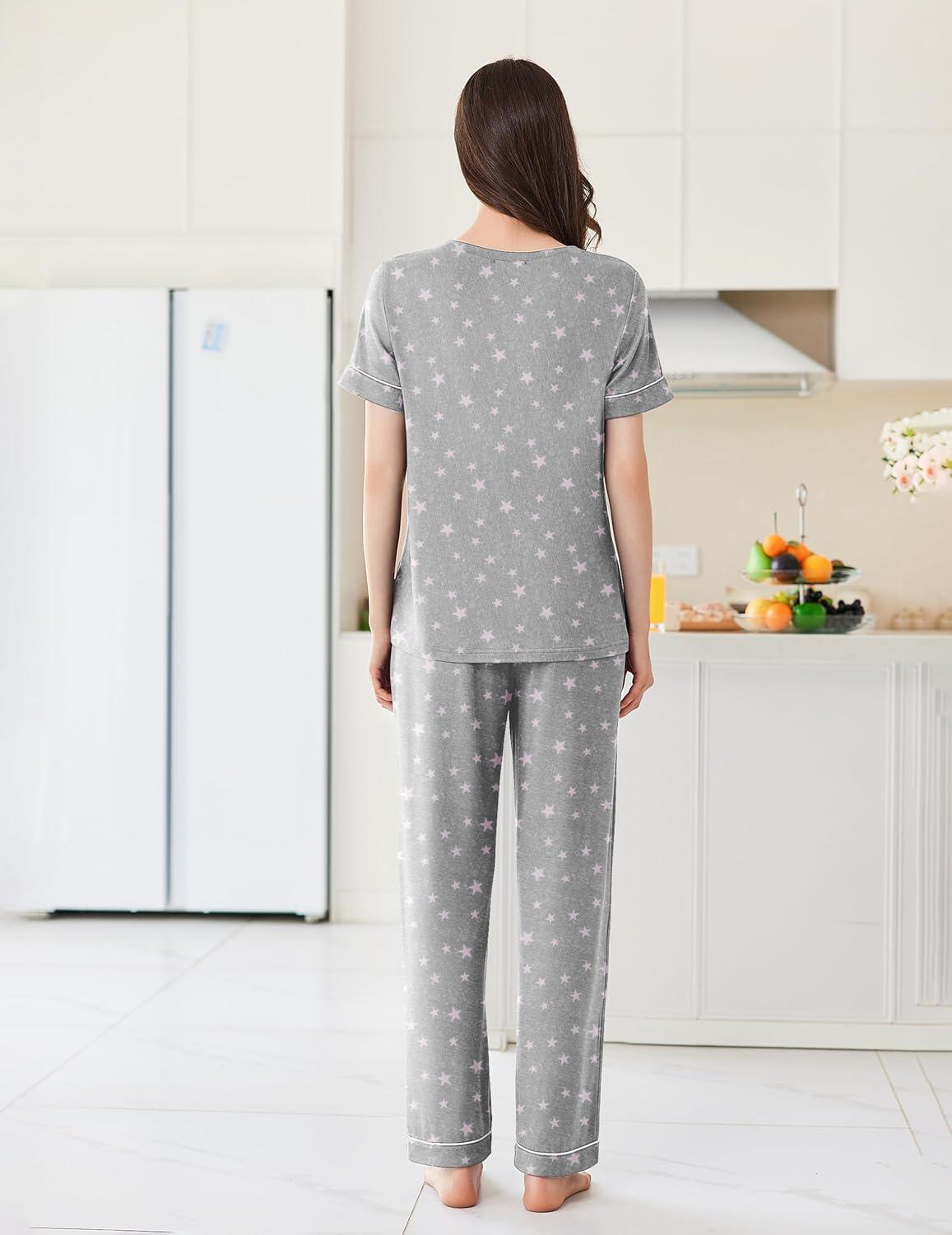 imageEkouaer Womens Pajama Sets Short Sleeve Top and Pants 2 Piece Pjs Soft Sleepwear Comfy Lounge Set SXXLPink Star
