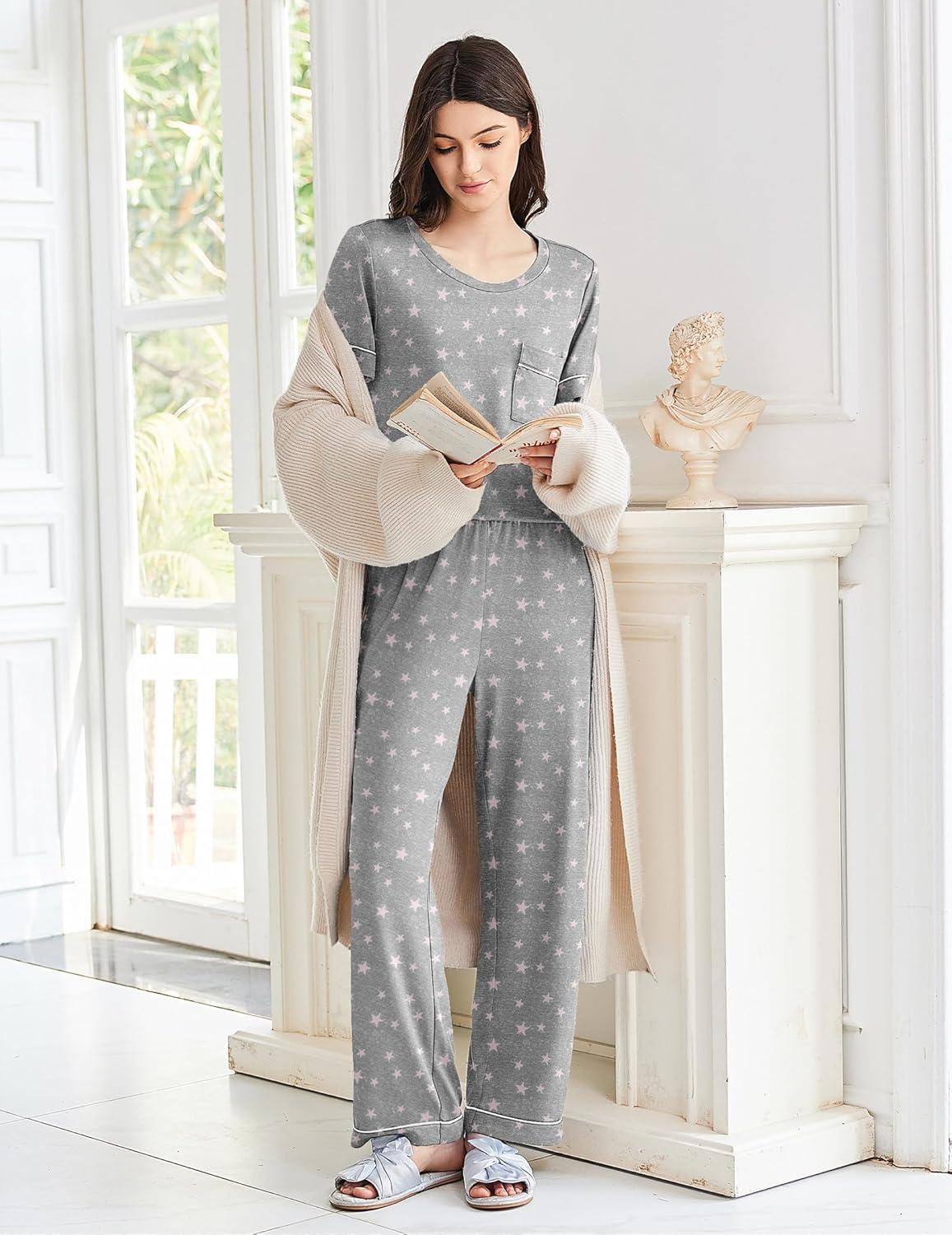 imageEkouaer Womens Pajama Sets Short Sleeve Top and Pants 2 Piece Pjs Soft Sleepwear Comfy Lounge Set SXXLPink Star