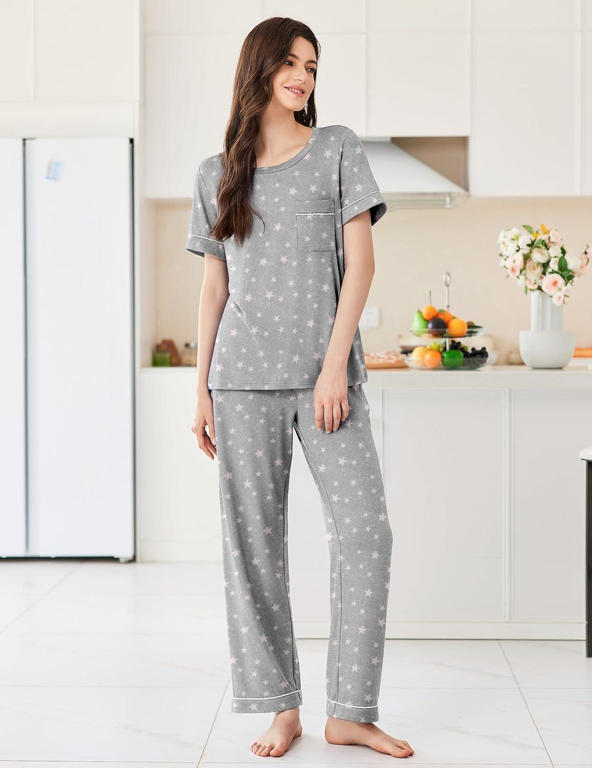 imageEkouaer Womens Pajama Sets Short Sleeve Top and Pants 2 Piece Pjs Soft Sleepwear Comfy Lounge Set SXXLPink Star