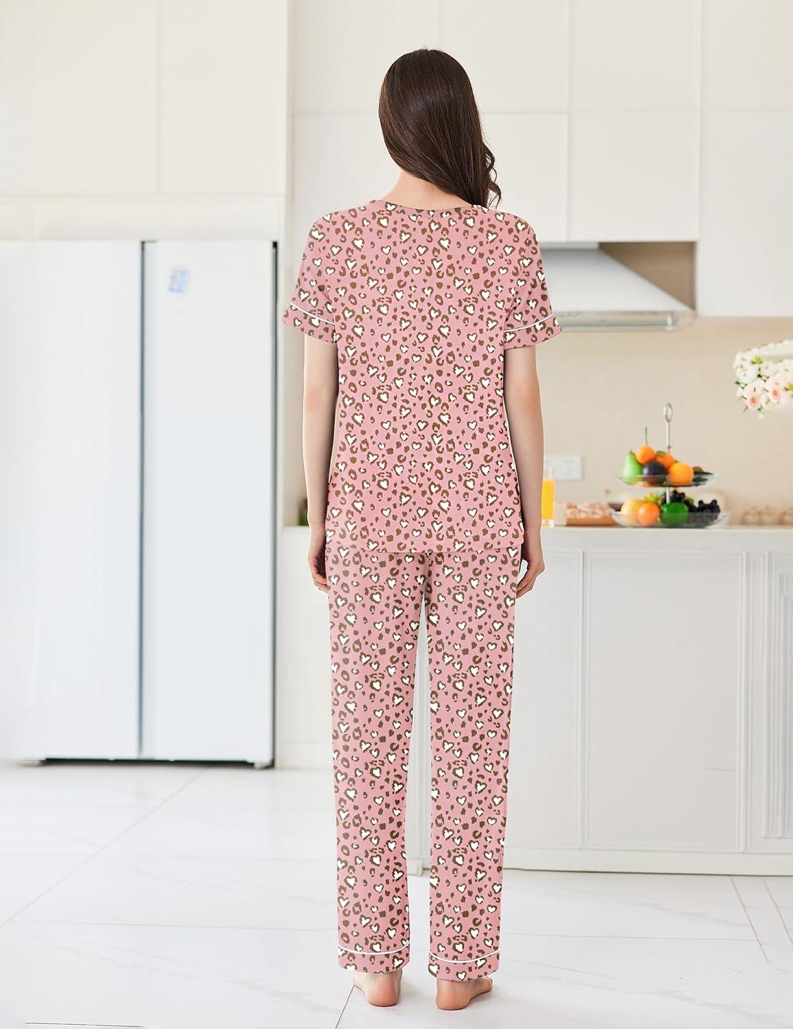 imageEkouaer Womens Pajama Sets Short Sleeve Top and Pants 2 Piece Pjs Soft Sleepwear Comfy Lounge Set SXXLWhite Leopard