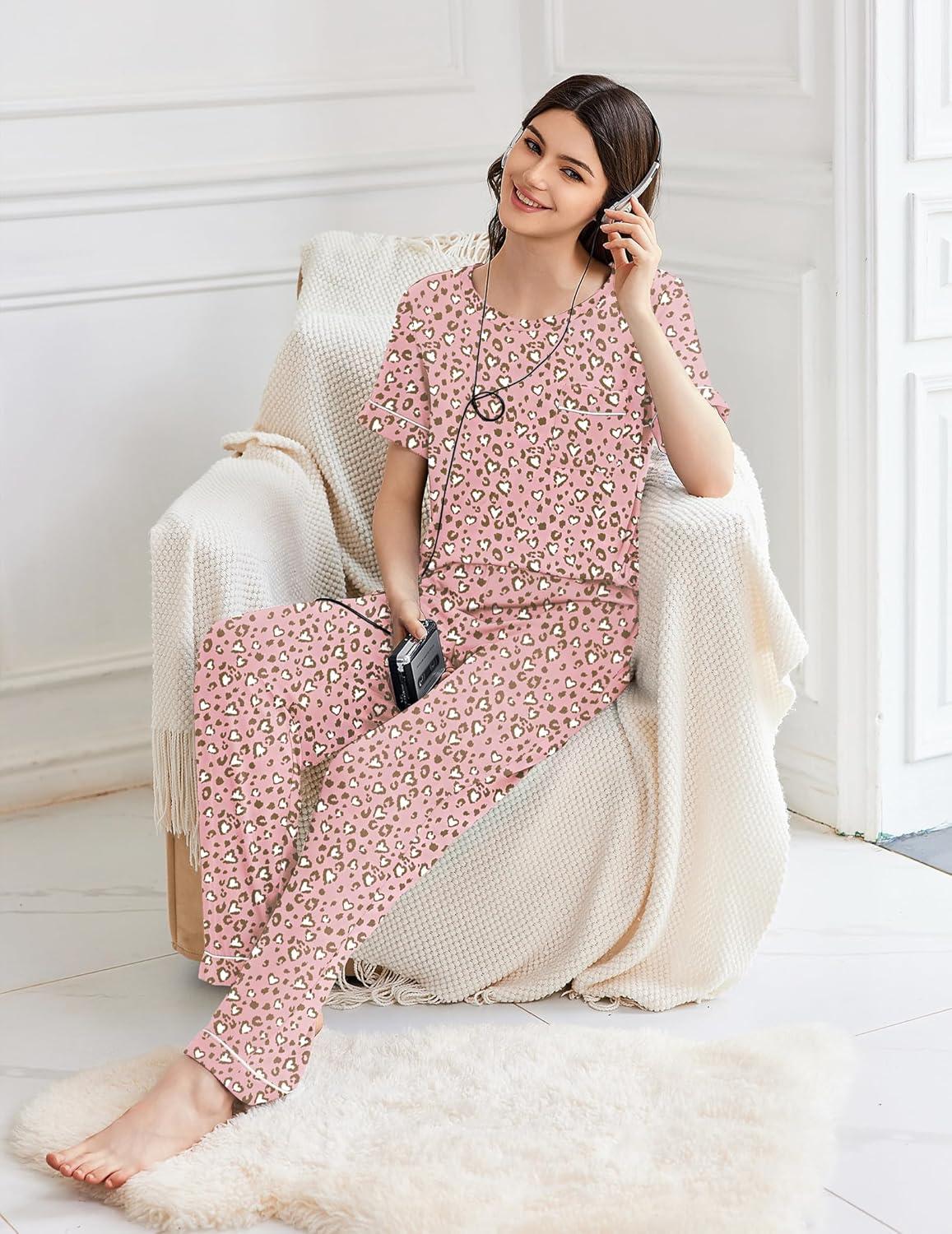 imageEkouaer Womens Pajama Sets Short Sleeve Top and Pants 2 Piece Pjs Soft Sleepwear Comfy Lounge Set SXXLWhite Leopard