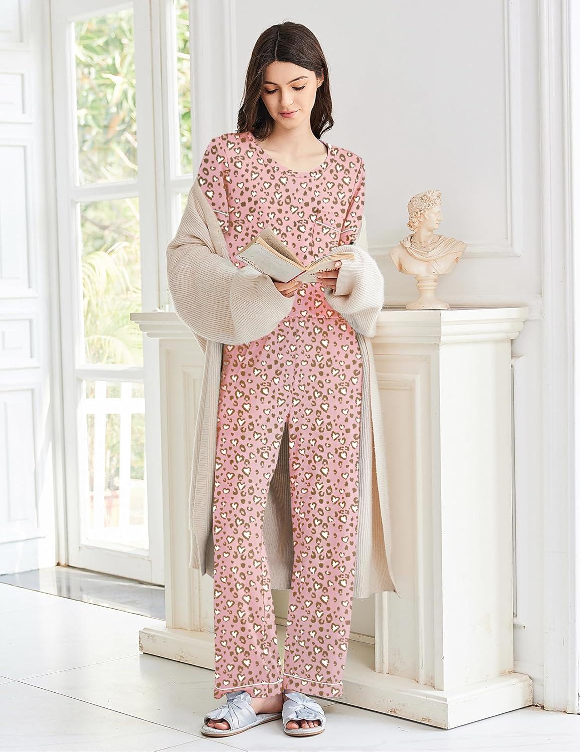 imageEkouaer Womens Pajama Sets Short Sleeve Top and Pants 2 Piece Pjs Soft Sleepwear Comfy Lounge Set SXXLWhite Leopard