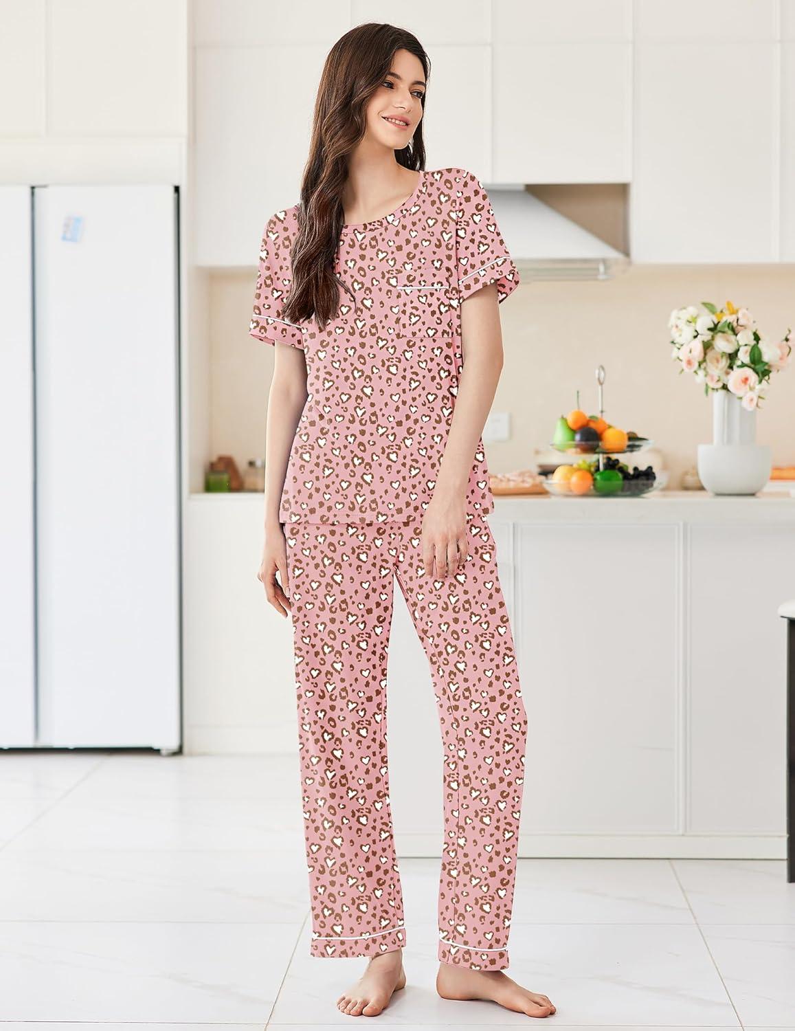 imageEkouaer Womens Pajama Sets Short Sleeve Top and Pants 2 Piece Pjs Soft Sleepwear Comfy Lounge Set SXXLWhite Leopard