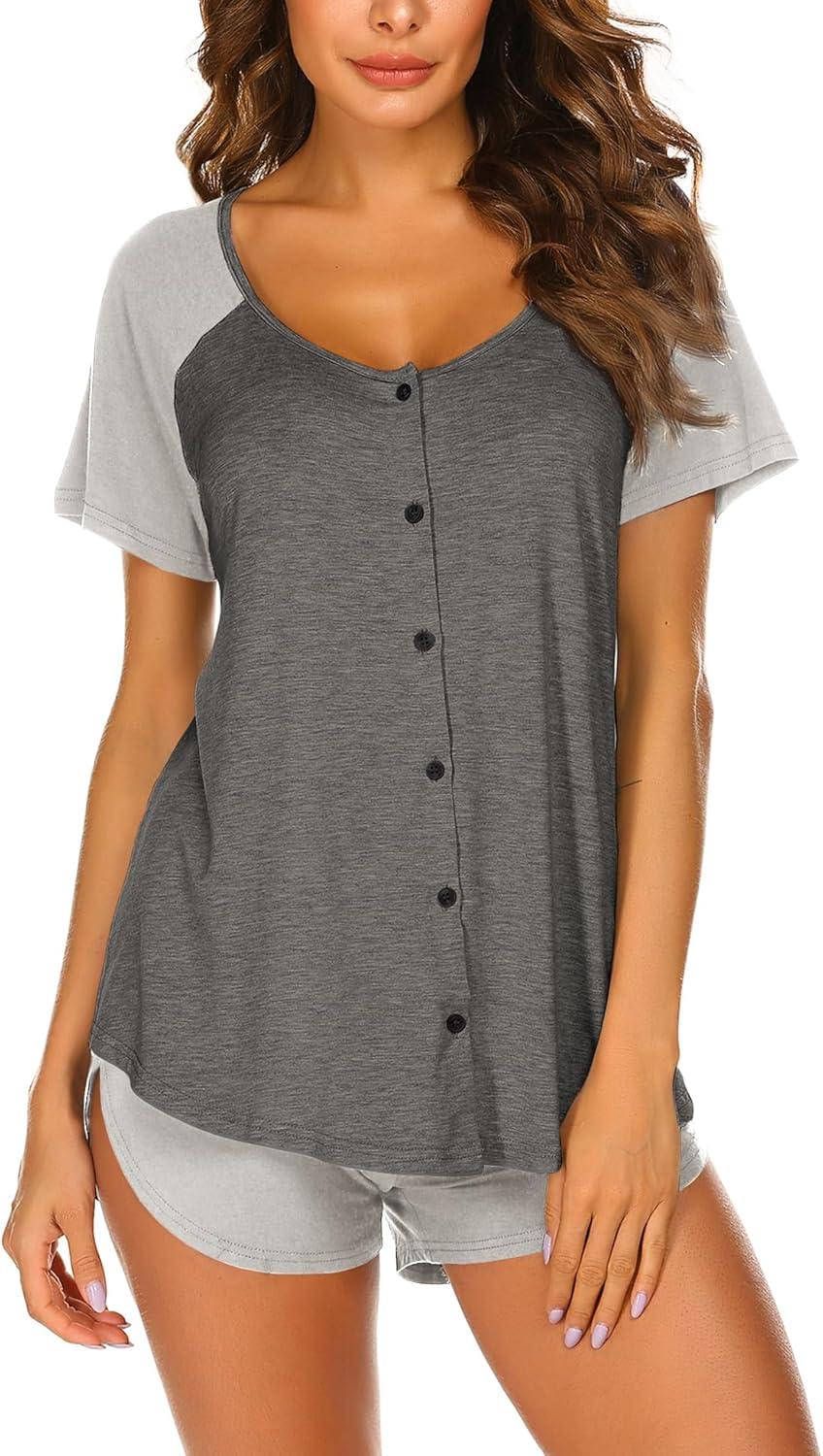 imageEkouaer Womens Pajama Short Sleeve Sleepwear Soft Pj Set Cotton Top and Shorts Pajamas SetStyle 1dark Grey