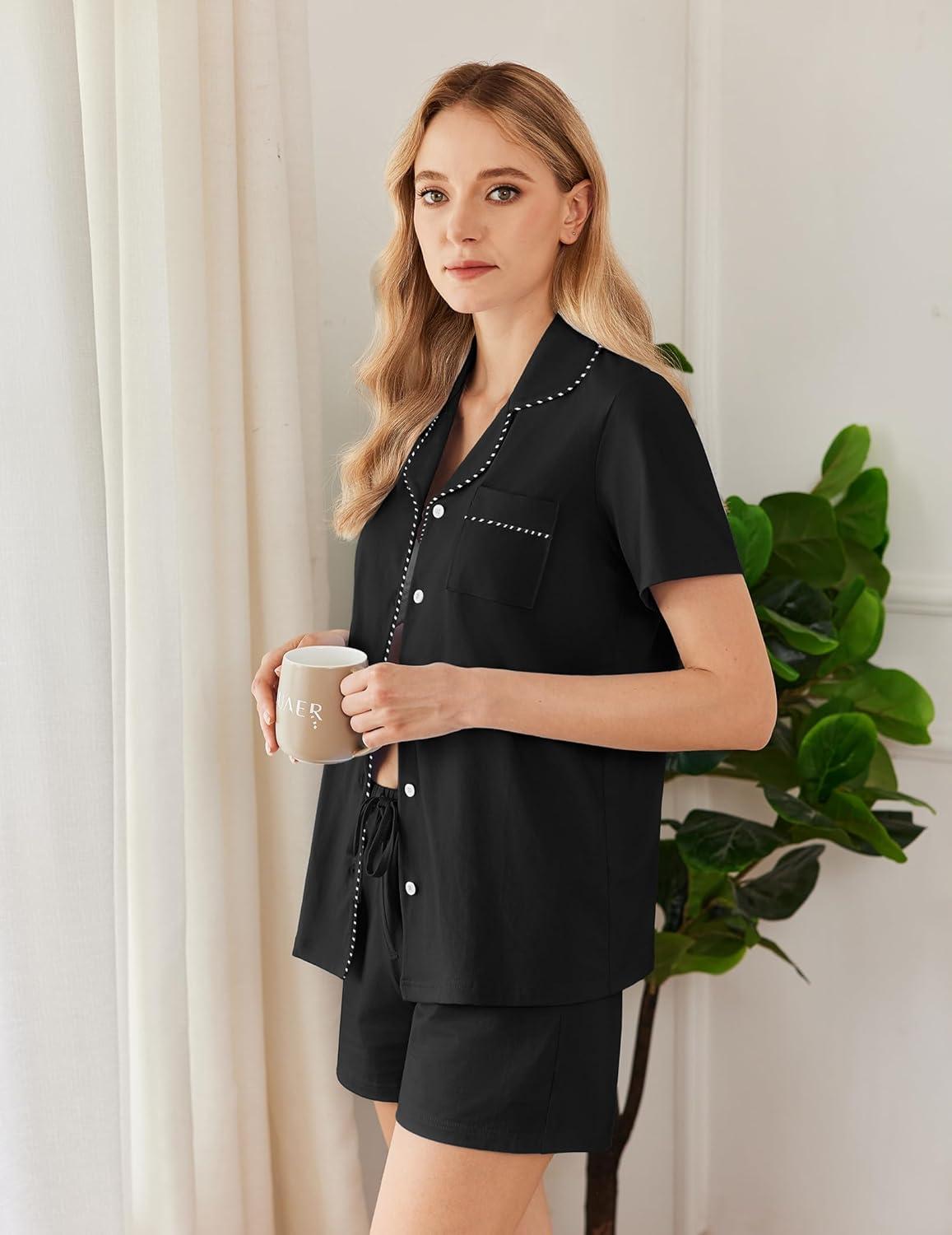 imageEkouaer Womens Pajamas Set Button Down Pjs Lounge Sets Short Sleeve Sleepwear Soft Loungewear NigthwearBlack