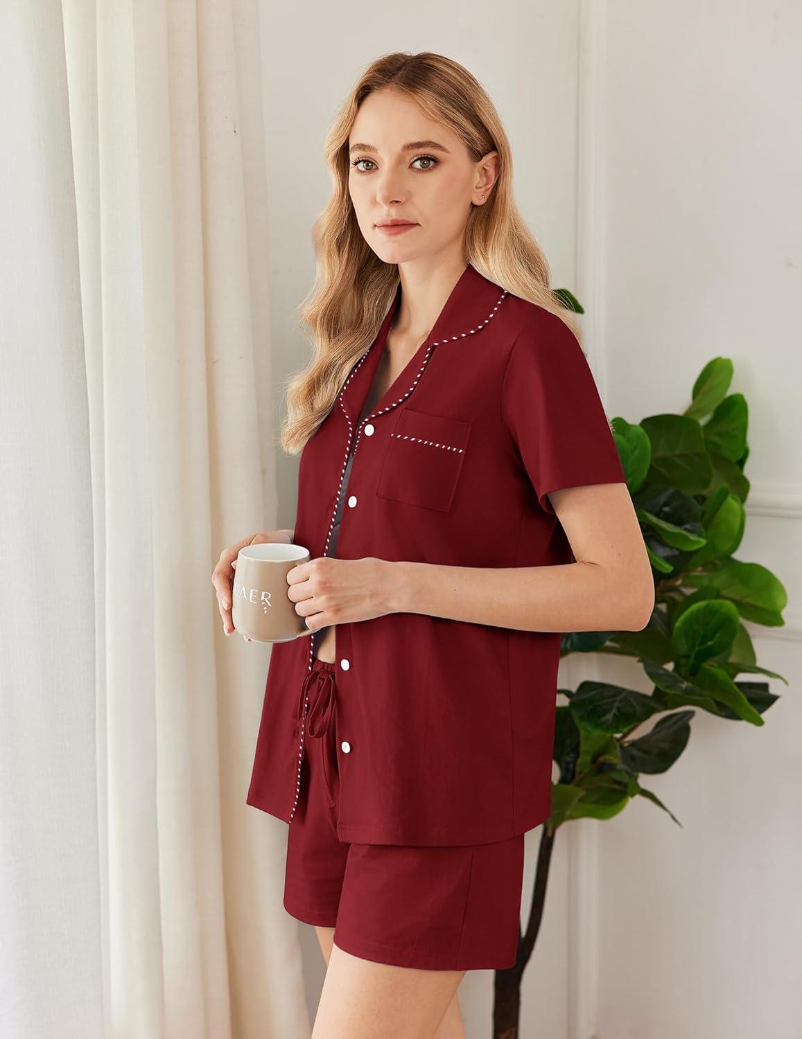 imageEkouaer Womens Pajamas Set Button Down Pjs Lounge Sets Short Sleeve Sleepwear Soft Loungewear NigthwearBurgundy