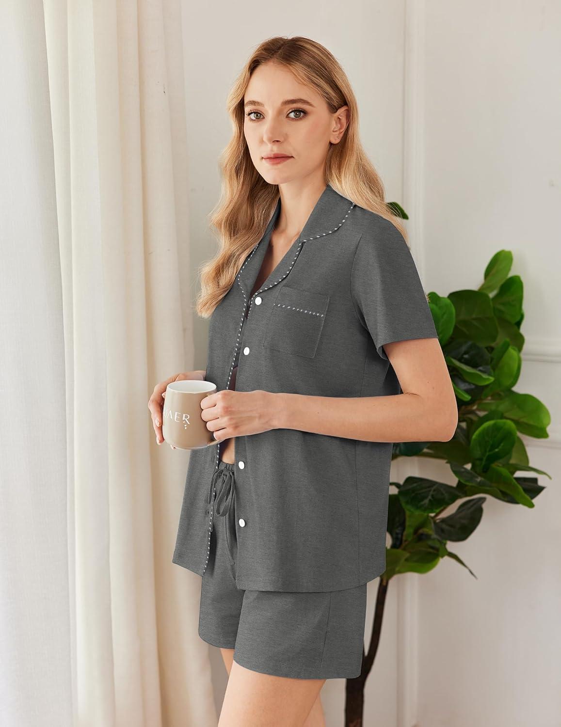 imageEkouaer Womens Pajamas Set Button Down Pjs Lounge Sets Short Sleeve Sleepwear Soft Loungewear NigthwearDark Gray