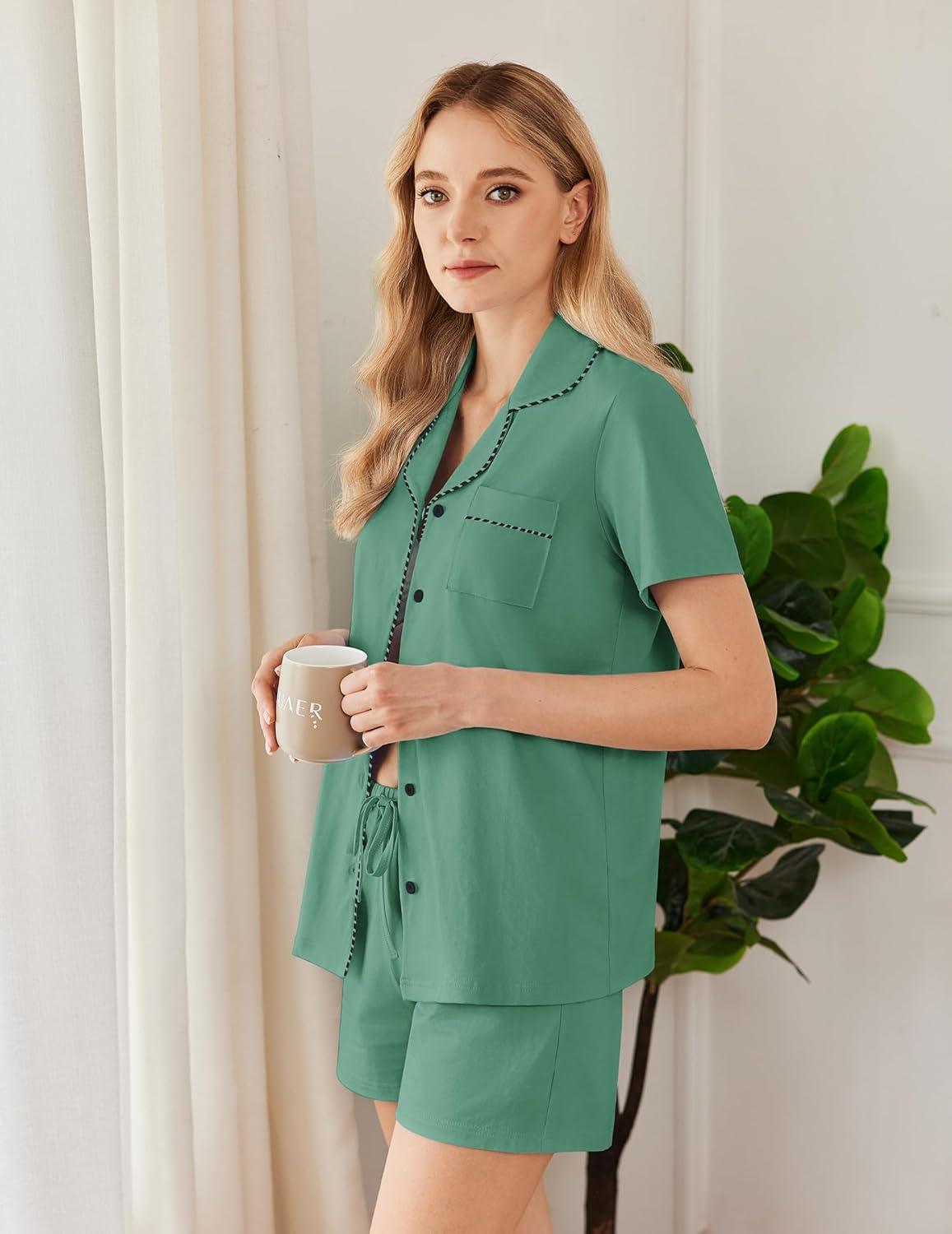 imageEkouaer Womens Pajamas Set Button Down Pjs Lounge Sets Short Sleeve Sleepwear Soft Loungewear NigthwearGreen
