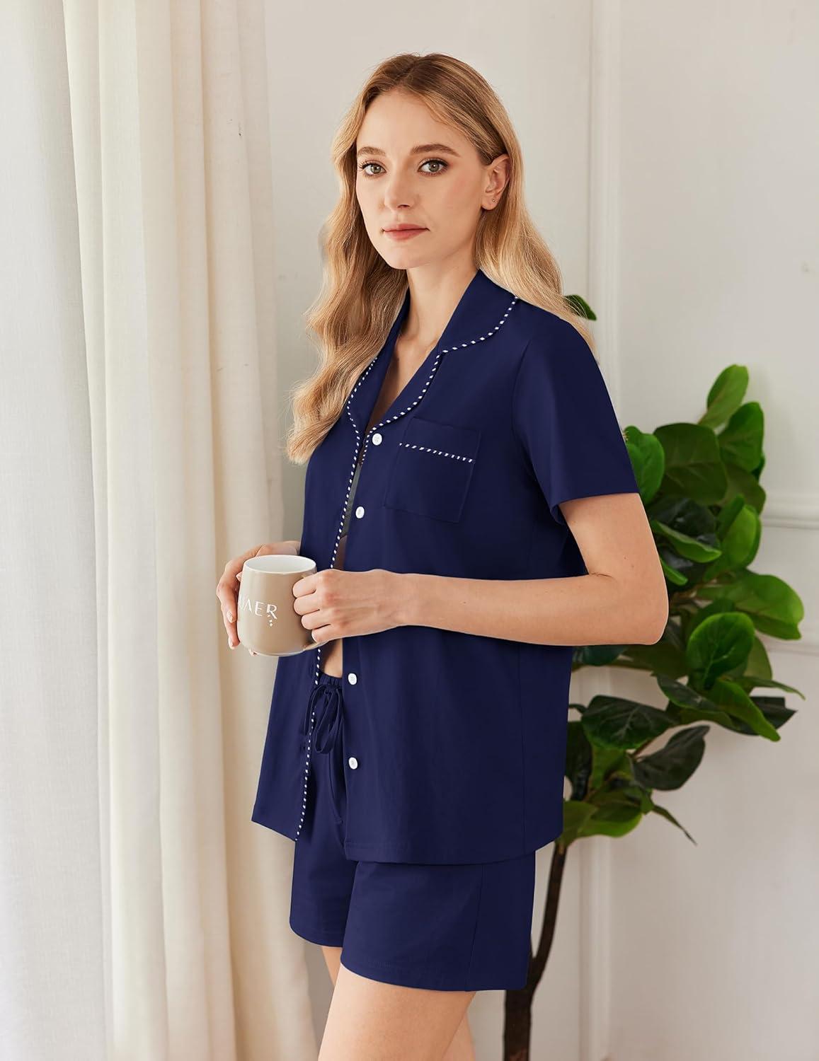 imageEkouaer Womens Pajamas Set Button Down Pjs Lounge Sets Short Sleeve Sleepwear Soft Loungewear NigthwearNavy Blue