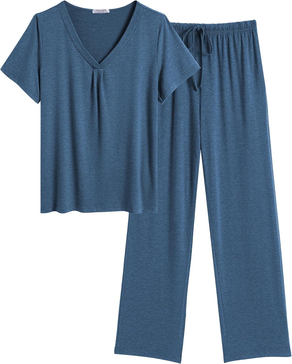 imageEkouaer Womens Pajamas Set Soft 2 Piece Lounge Sets Vneck Sleepwear Short Sleeve Top Pants with PocketsBlue
