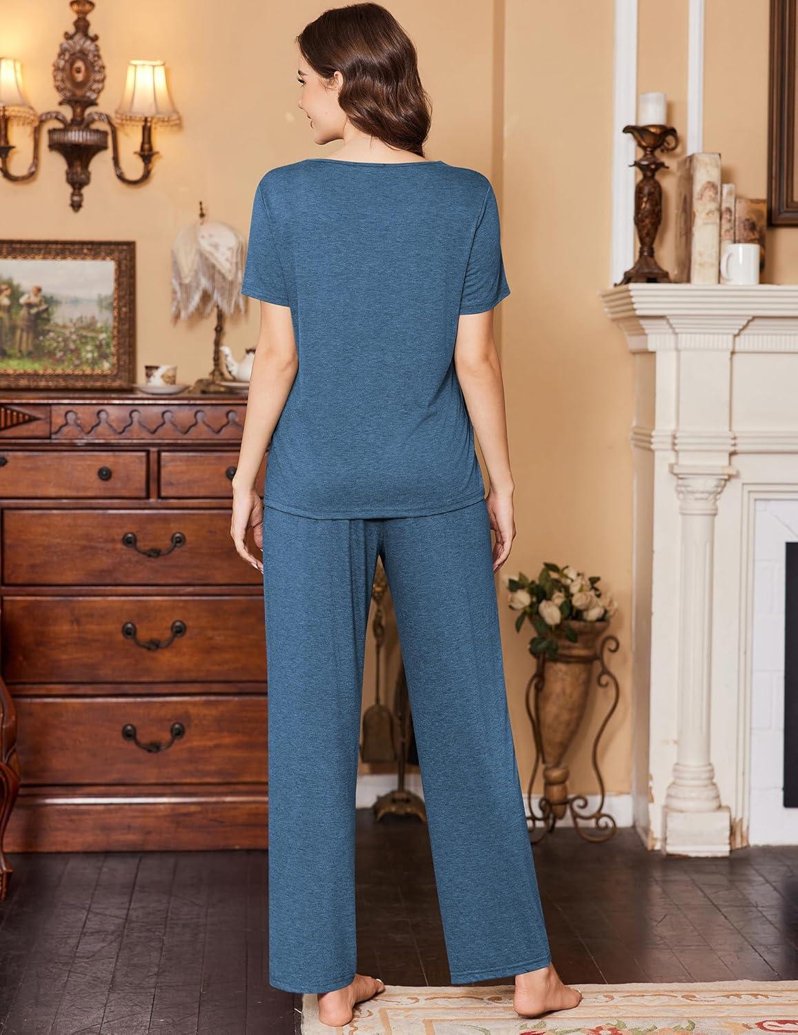 imageEkouaer Womens Pajamas Set Soft 2 Piece Lounge Sets Vneck Sleepwear Short Sleeve Top Pants with PocketsBlue
