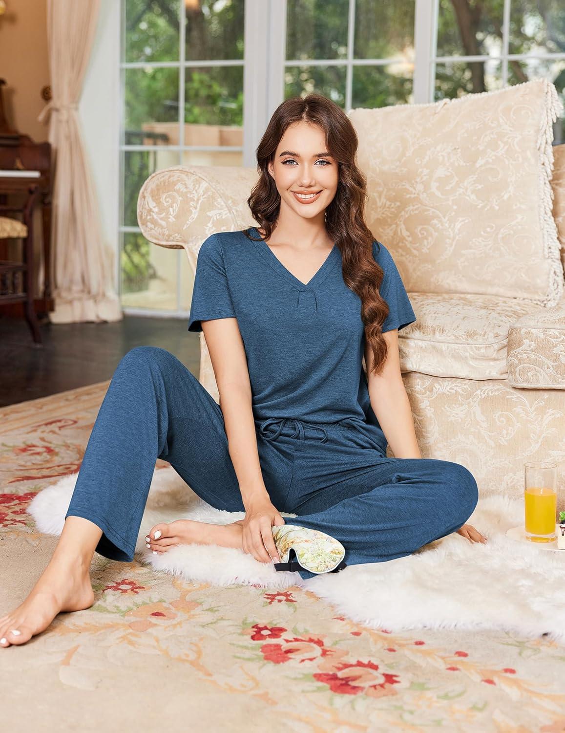 imageEkouaer Womens Pajamas Set Soft 2 Piece Lounge Sets Vneck Sleepwear Short Sleeve Top Pants with PocketsBlue