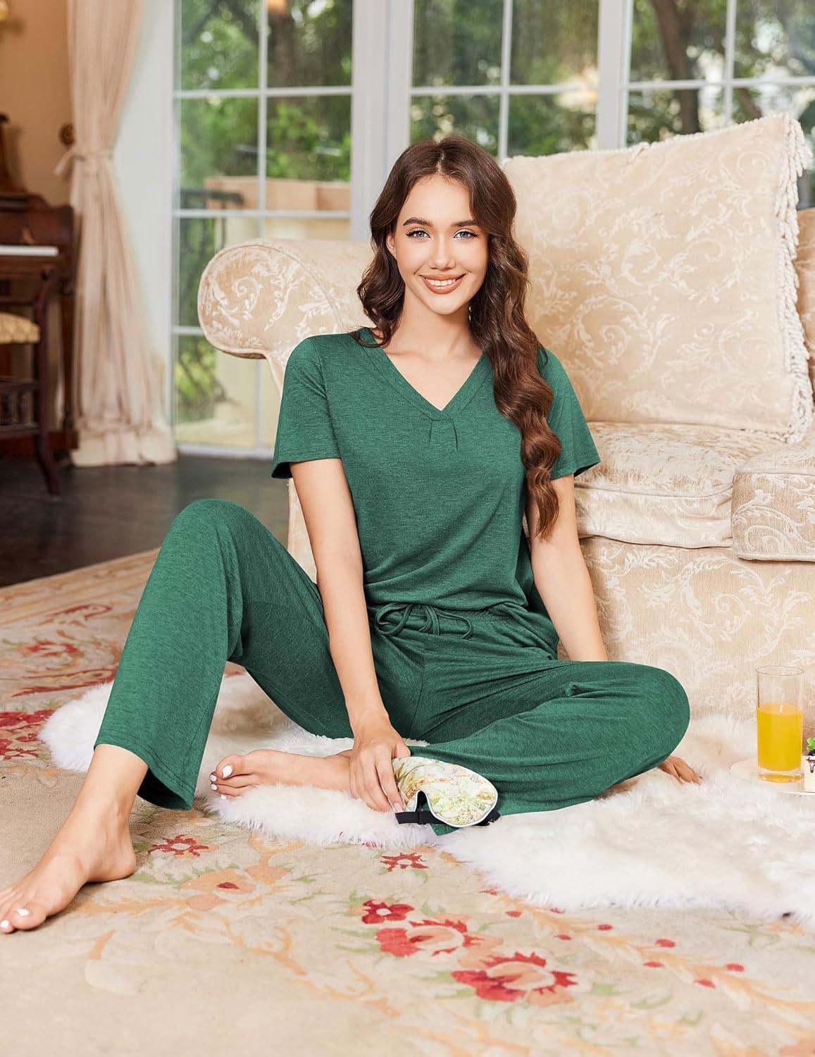imageEkouaer Womens Pajamas Set Soft 2 Piece Lounge Sets Vneck Sleepwear Short Sleeve Top Pants with PocketsBright Green