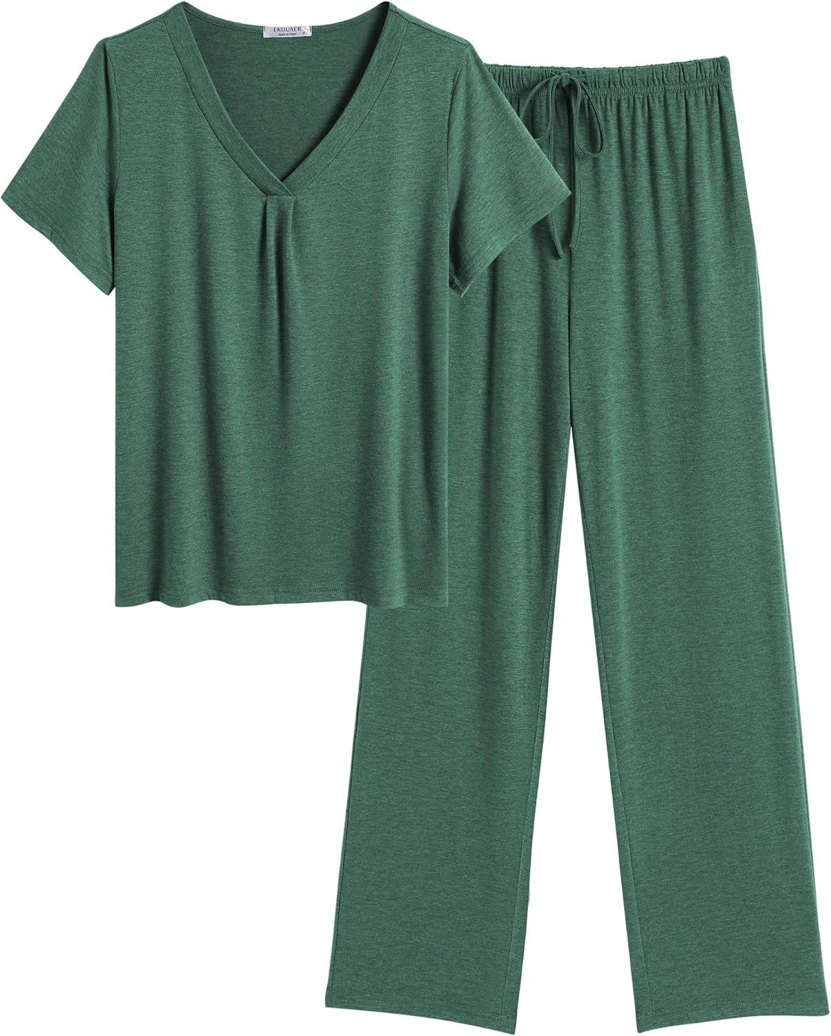 imageEkouaer Womens Pajamas Set Soft 2 Piece Lounge Sets Vneck Sleepwear Short Sleeve Top Pants with PocketsBright Green