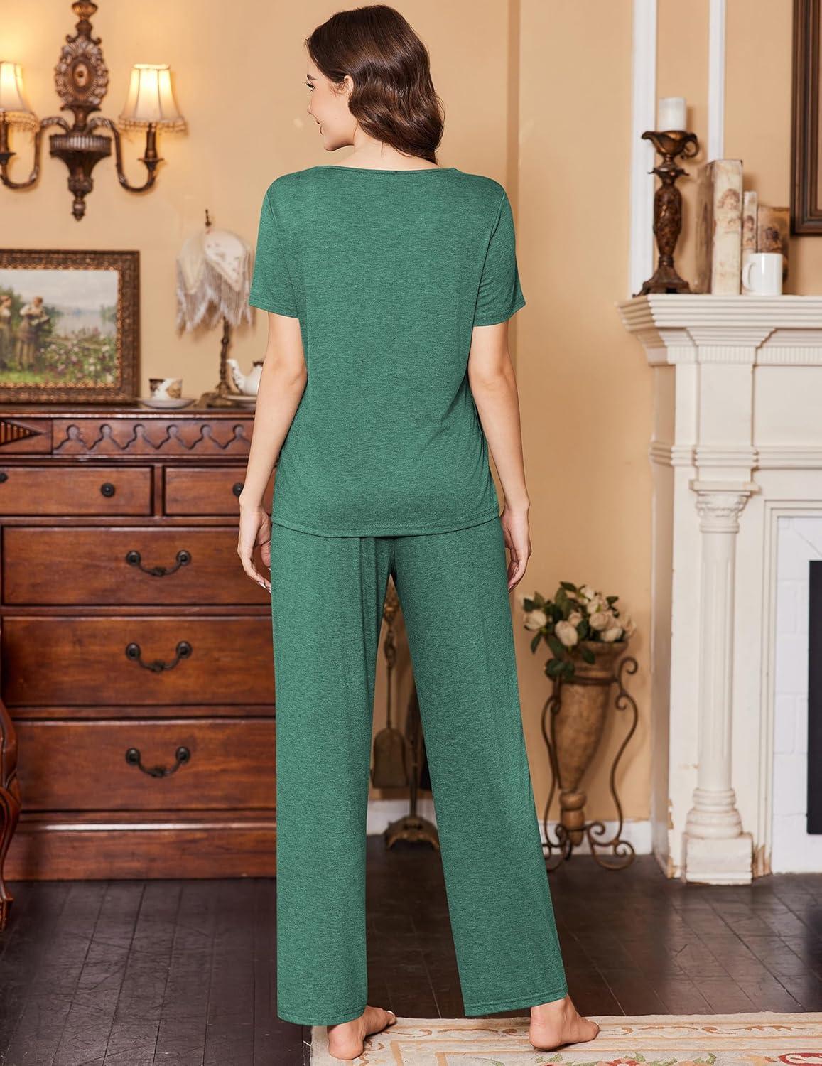 imageEkouaer Womens Pajamas Set Soft 2 Piece Lounge Sets Vneck Sleepwear Short Sleeve Top Pants with PocketsBright Green