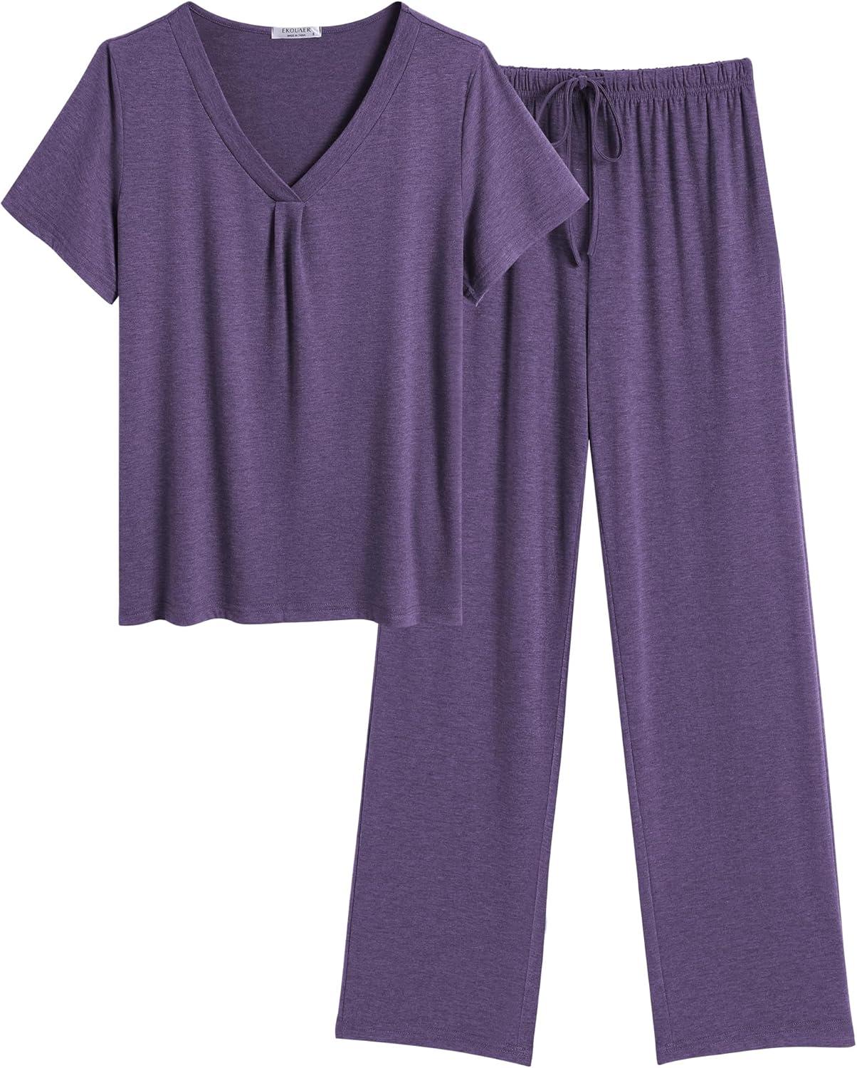 imageEkouaer Womens Pajamas Set Soft 2 Piece Lounge Sets Vneck Sleepwear Short Sleeve Top Pants with PocketsBright Purple
