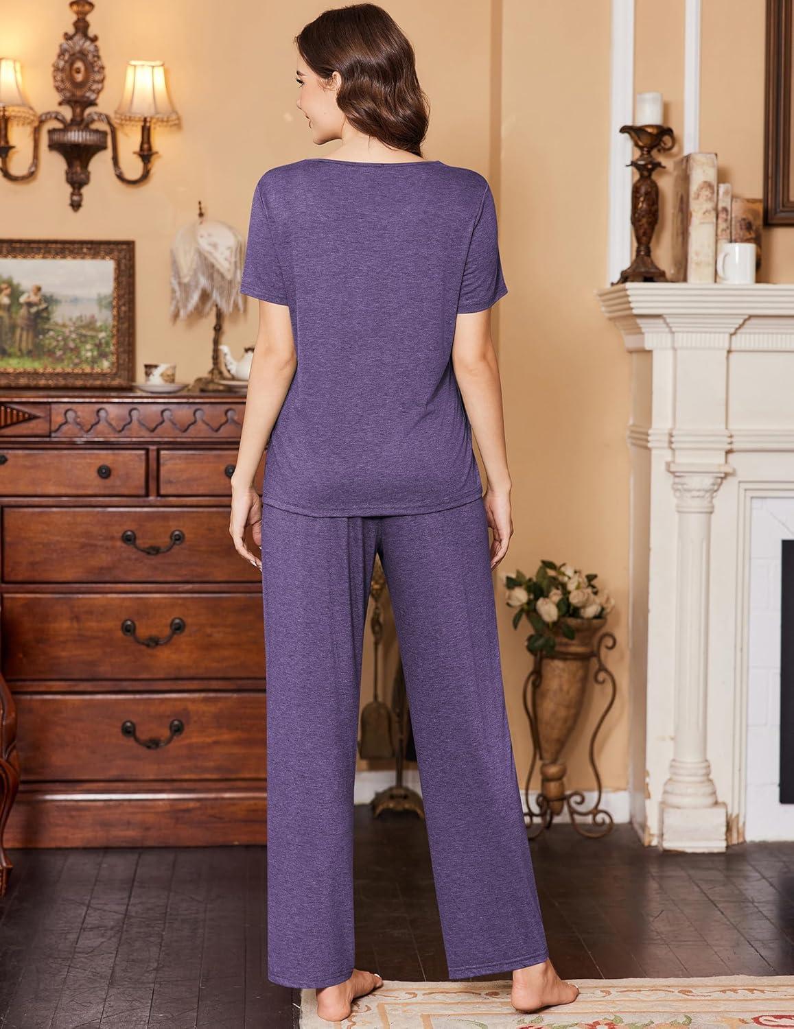 imageEkouaer Womens Pajamas Set Soft 2 Piece Lounge Sets Vneck Sleepwear Short Sleeve Top Pants with PocketsBright Purple