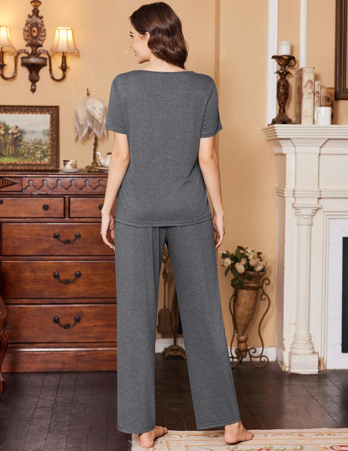 imageEkouaer Womens Pajamas Set Soft 2 Piece Lounge Sets Vneck Sleepwear Short Sleeve Top Pants with PocketsMedium Gray