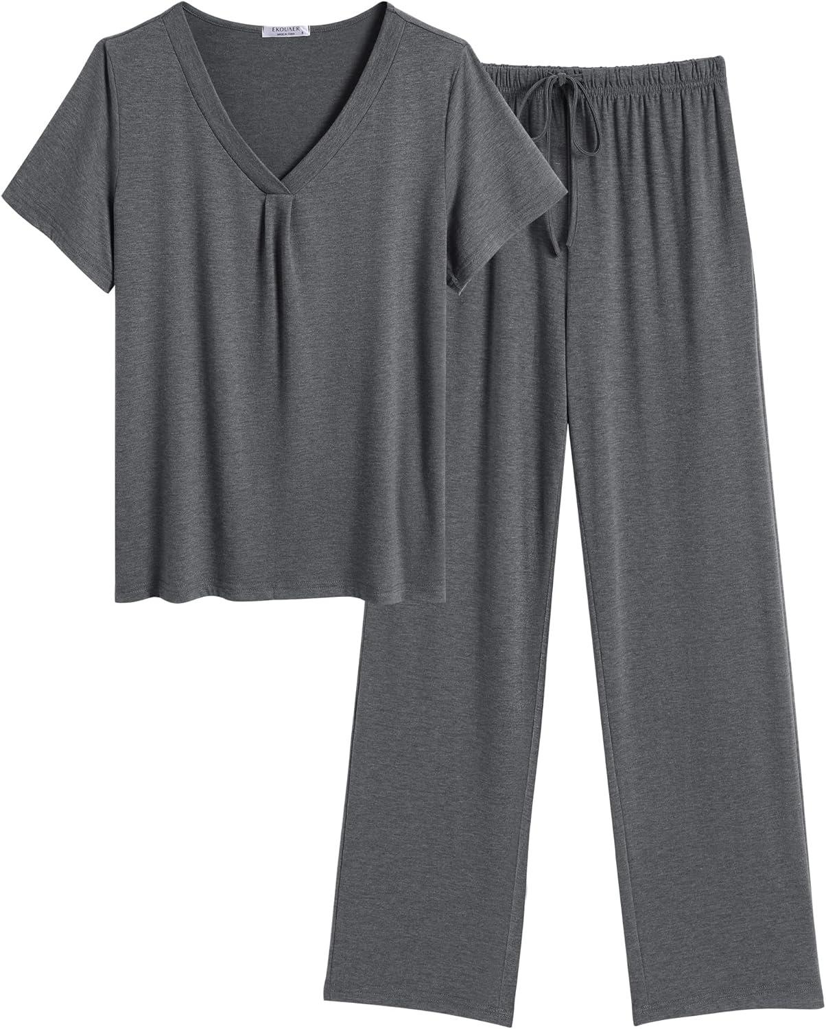 imageEkouaer Womens Pajamas Set Soft 2 Piece Lounge Sets Vneck Sleepwear Short Sleeve Top Pants with PocketsMedium Gray