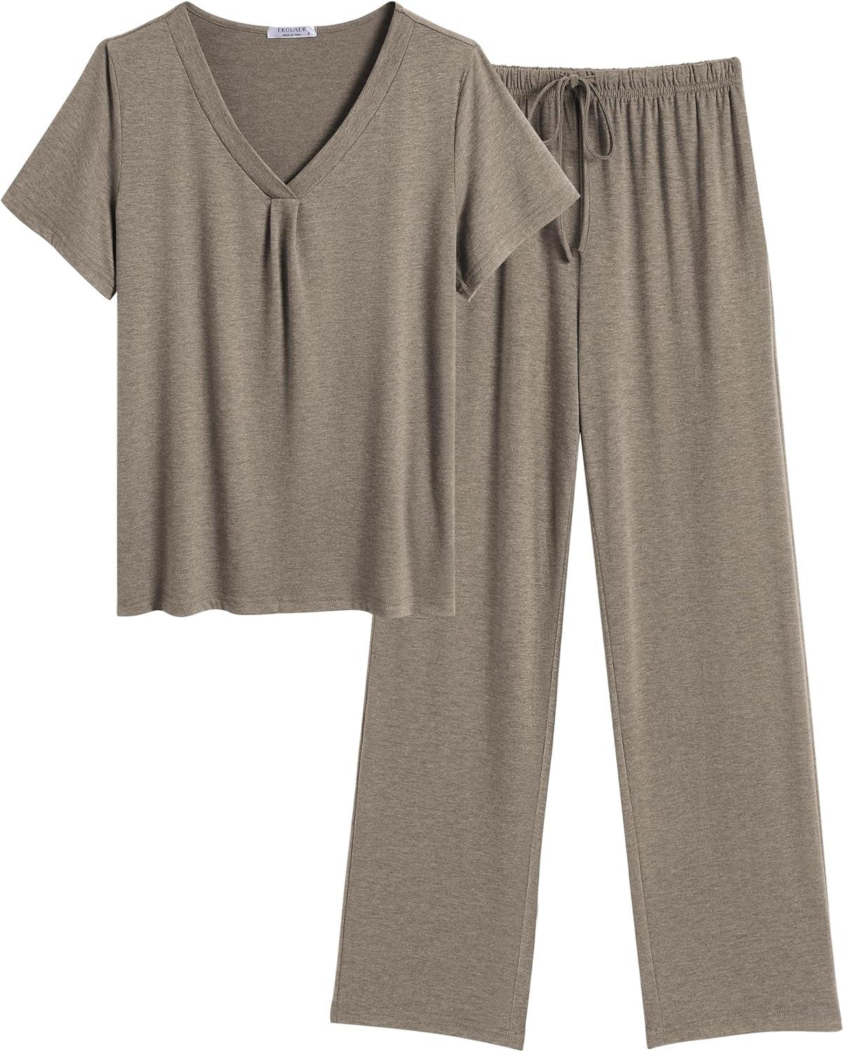 imageEkouaer Womens Pajamas Set Soft 2 Piece Lounge Sets Vneck Sleepwear Short Sleeve Top Pants with PocketsMoon Gray