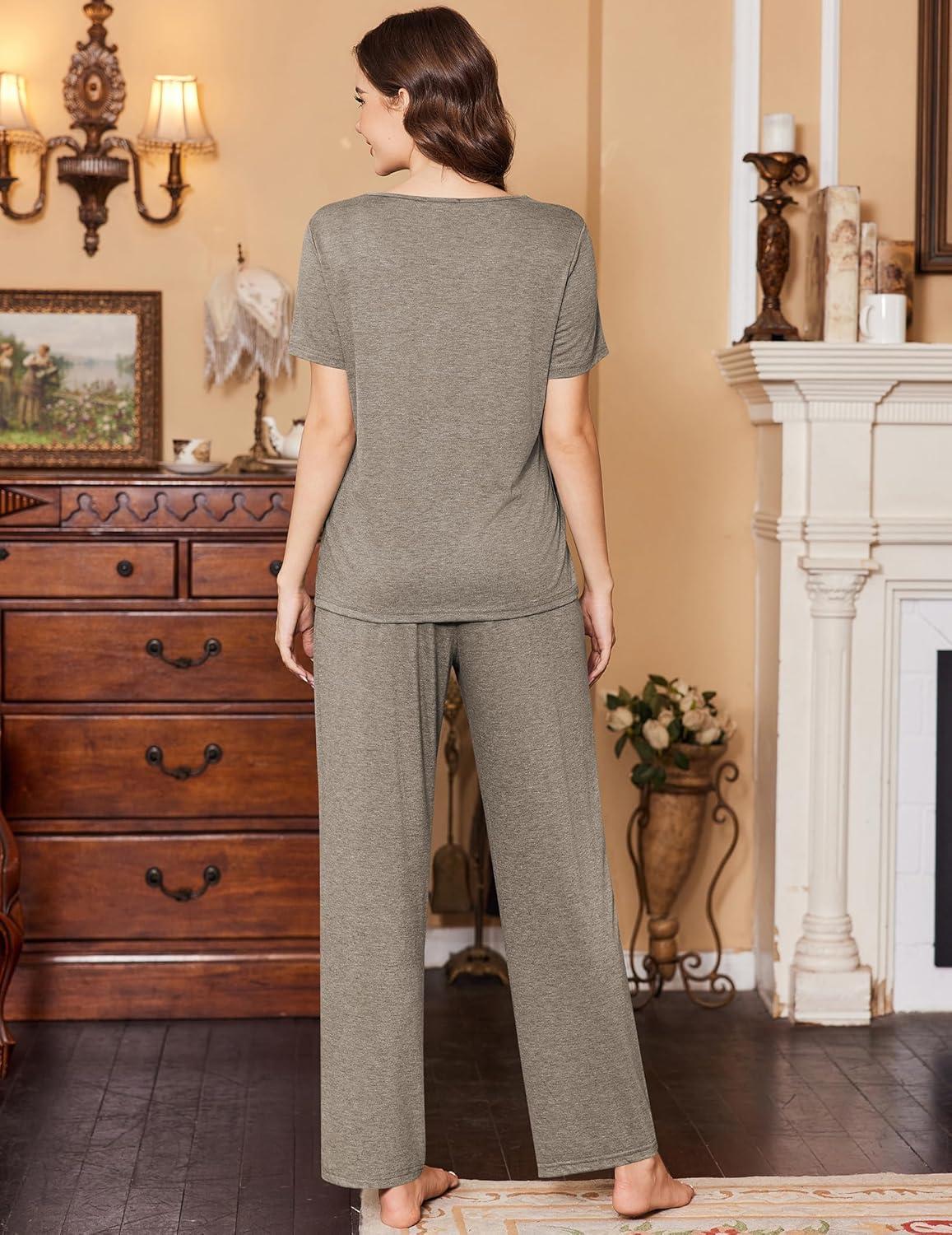 imageEkouaer Womens Pajamas Set Soft 2 Piece Lounge Sets Vneck Sleepwear Short Sleeve Top Pants with PocketsMoon Gray