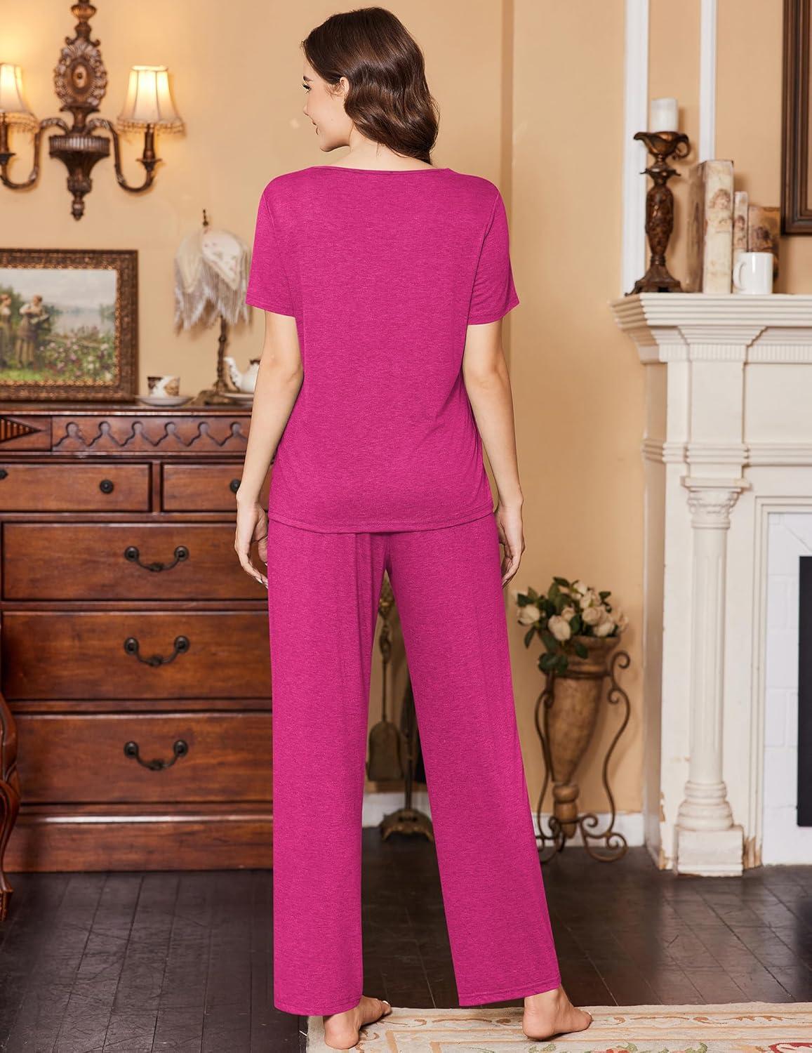 imageEkouaer Womens Pajamas Set Soft 2 Piece Lounge Sets Vneck Sleepwear Short Sleeve Top Pants with PocketsRose Red