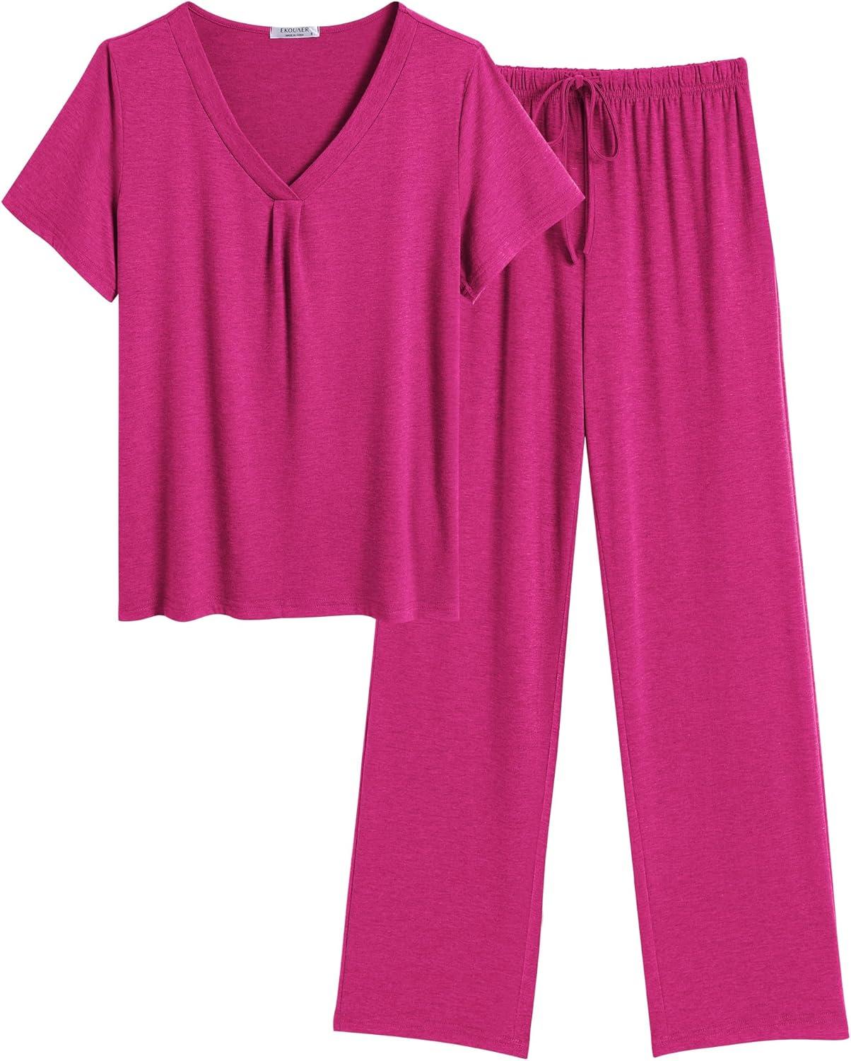 imageEkouaer Womens Pajamas Set Soft 2 Piece Lounge Sets Vneck Sleepwear Short Sleeve Top Pants with PocketsRose Red