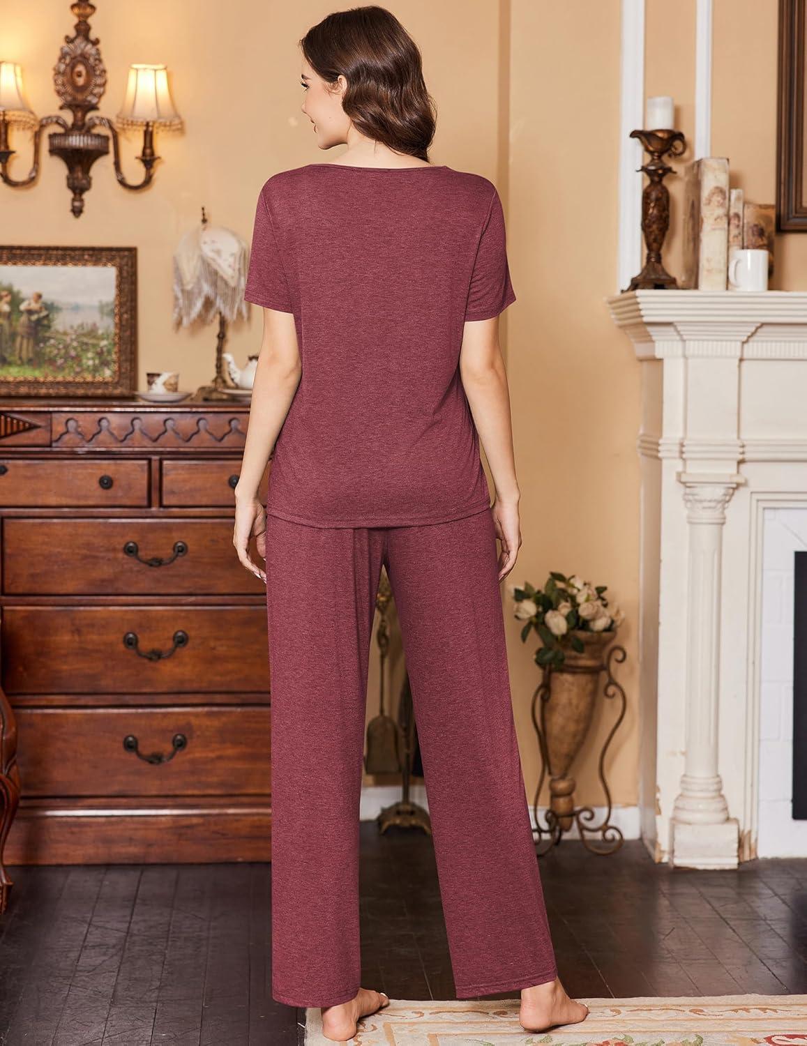 imageEkouaer Womens Pajamas Set Soft 2 Piece Lounge Sets Vneck Sleepwear Short Sleeve Top Pants with PocketsWine Red
