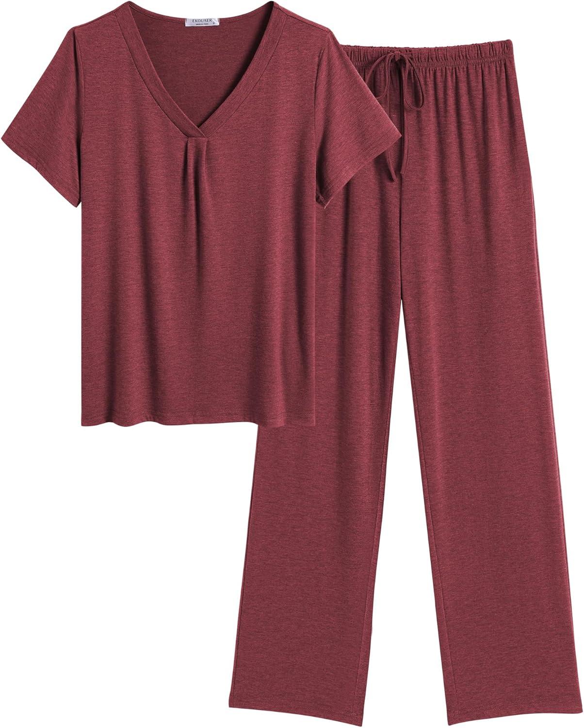 imageEkouaer Womens Pajamas Set Soft 2 Piece Lounge Sets Vneck Sleepwear Short Sleeve Top Pants with PocketsWine Red