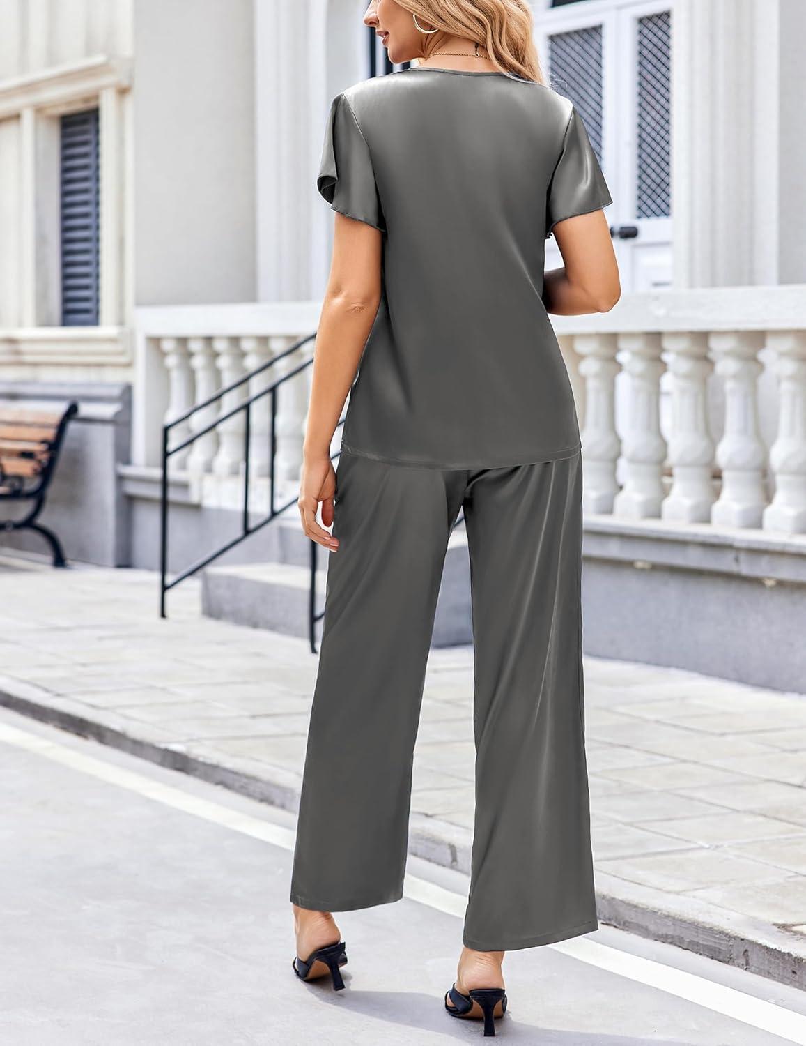 imageEkouaer Womens Satin Silky Pajama Set 2 Piece Short Sleeve Shirt with Long Pants Pjs Sets Soft PJ Loungewear SXXLGrey