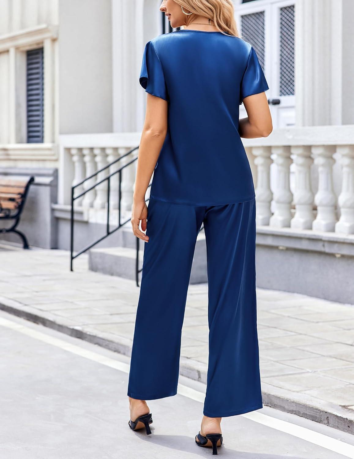 imageEkouaer Womens Satin Silky Pajama Set 2 Piece Short Sleeve Shirt with Long Pants Pjs Sets Soft PJ Loungewear SXXLNavy Blue