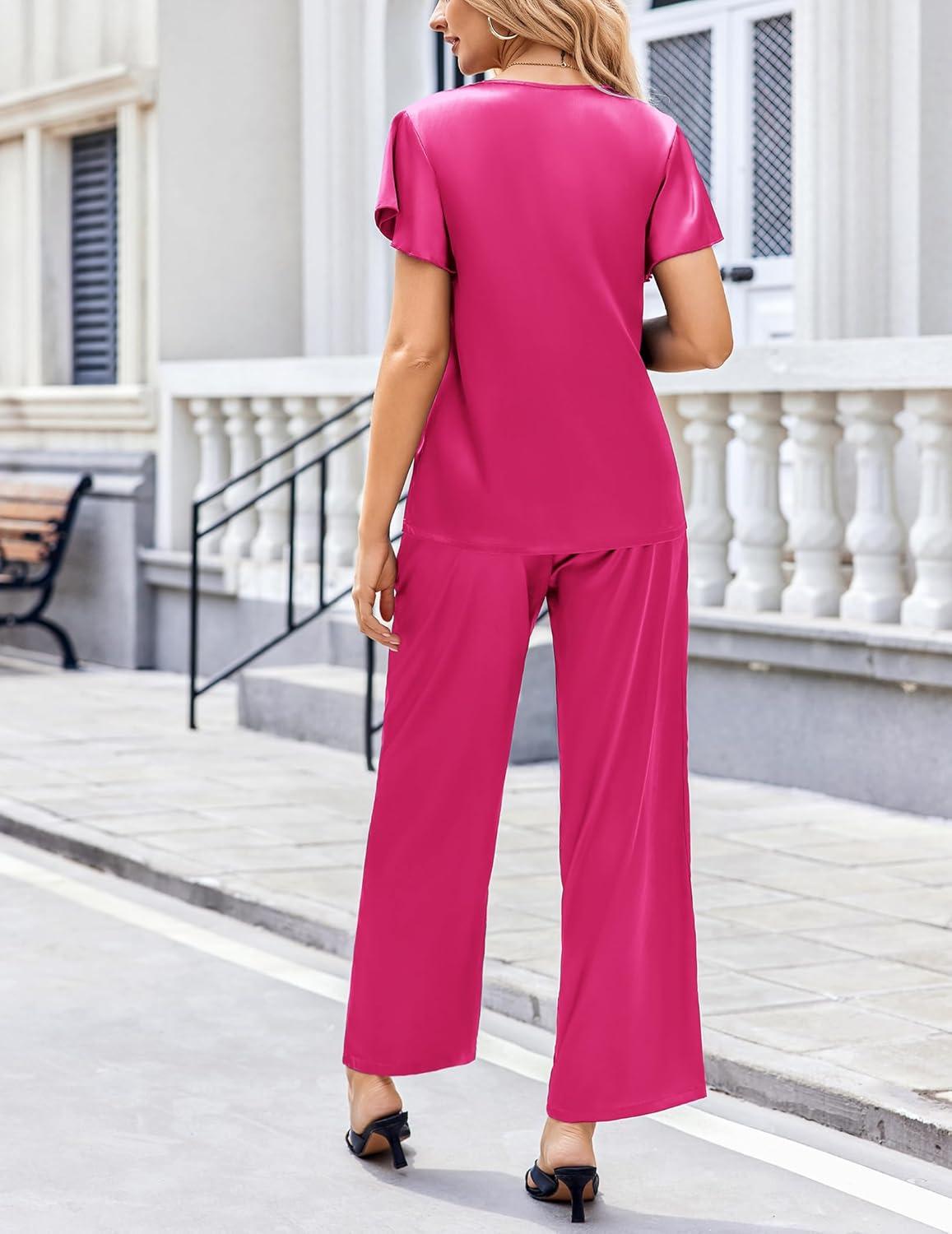imageEkouaer Womens Satin Silky Pajama Set 2 Piece Short Sleeve Shirt with Long Pants Pjs Sets Soft PJ Loungewear SXXLRose Red