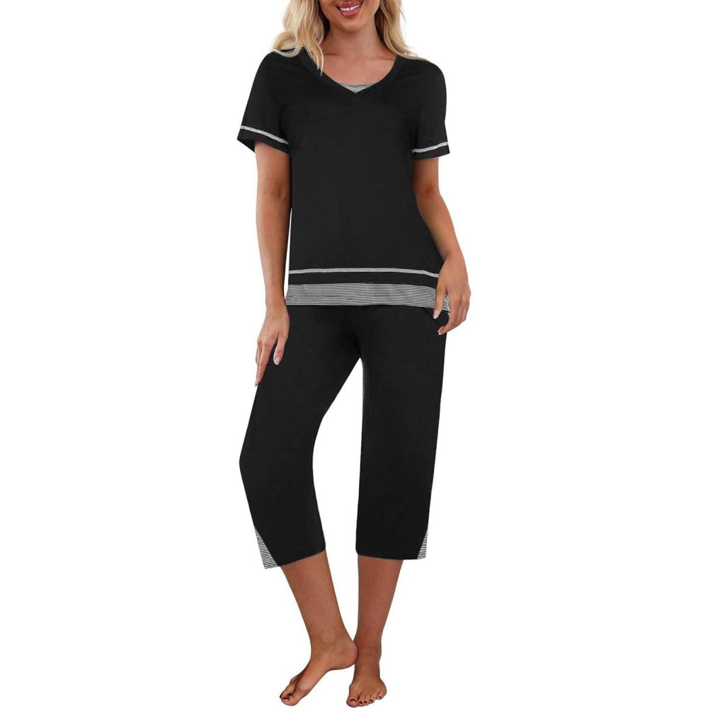 imageEkouaer Capri Pajama Sets for Women Short Sleeve Tops Sleepwear Sleep Sets Pjs Sets Soft Two Piece Loungewear SetsBlack