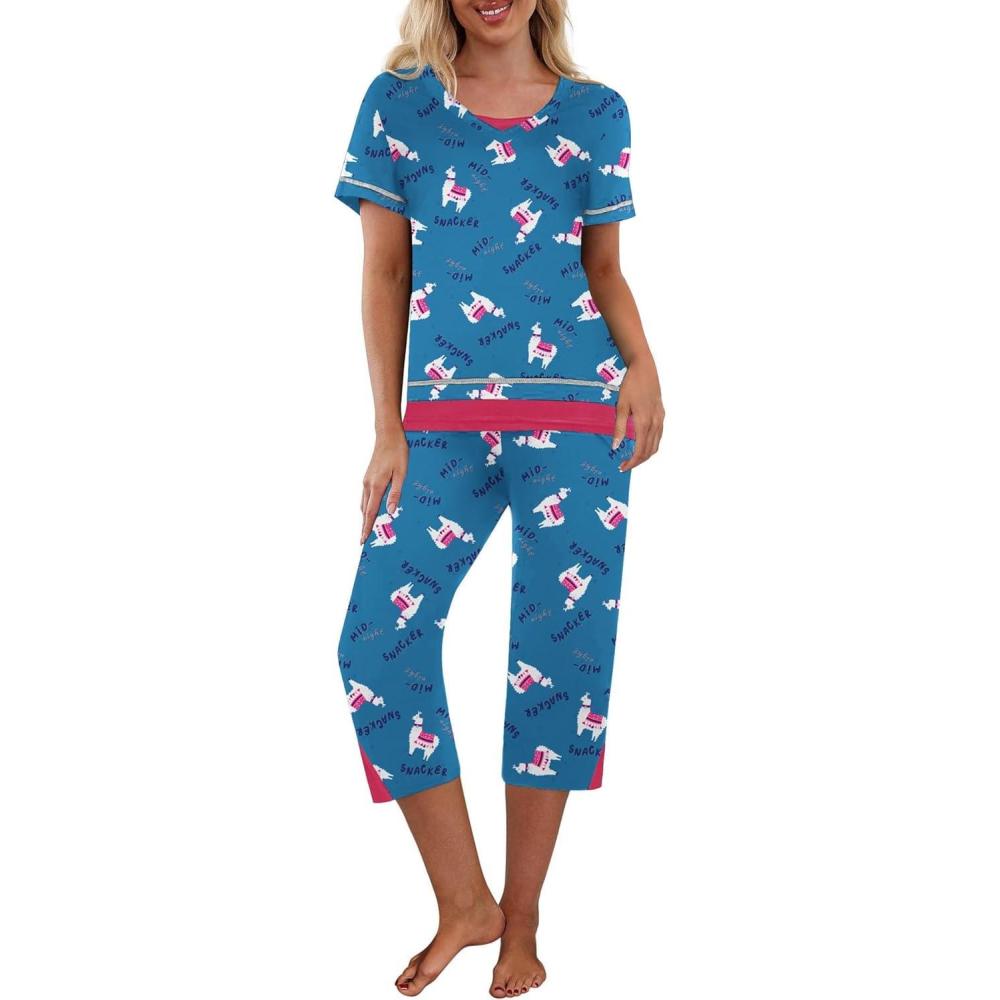 imageEkouaer Capri Pajama Sets for Women Short Sleeve Tops Sleepwear Sleep Sets Pjs Sets Soft Two Piece Loungewear SetsBlue Sheep