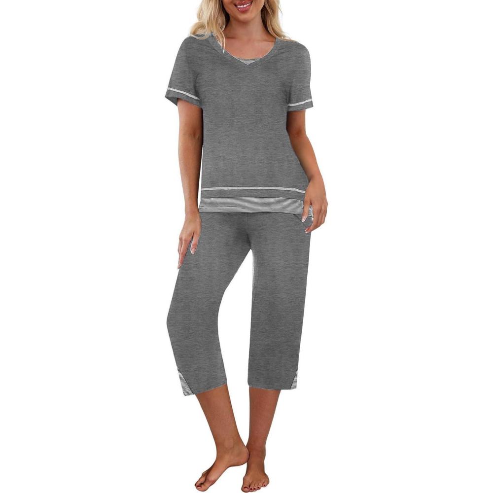 imageEkouaer Capri Pajama Sets for Women Short Sleeve Tops Sleepwear Sleep Sets Pjs Sets Soft Two Piece Loungewear SetsGrey