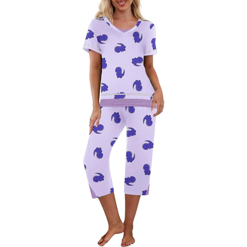 imageEkouaer Capri Pajama Sets for Women Short Sleeve Tops Sleepwear Sleep Sets Pjs Sets Soft Two Piece Loungewear SetsPurple Dinosaur