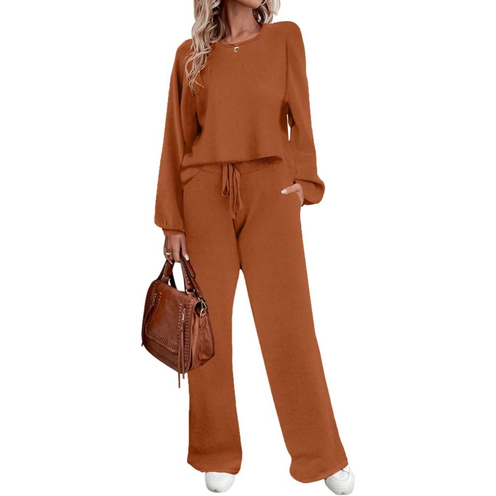 imageEkouaer Knit Lounge Sets for Women 2 Piece Cozy Long Sleeve Pullover Sweater Top and Wide Leg Pants Set Pajamas OutfitsCaramel