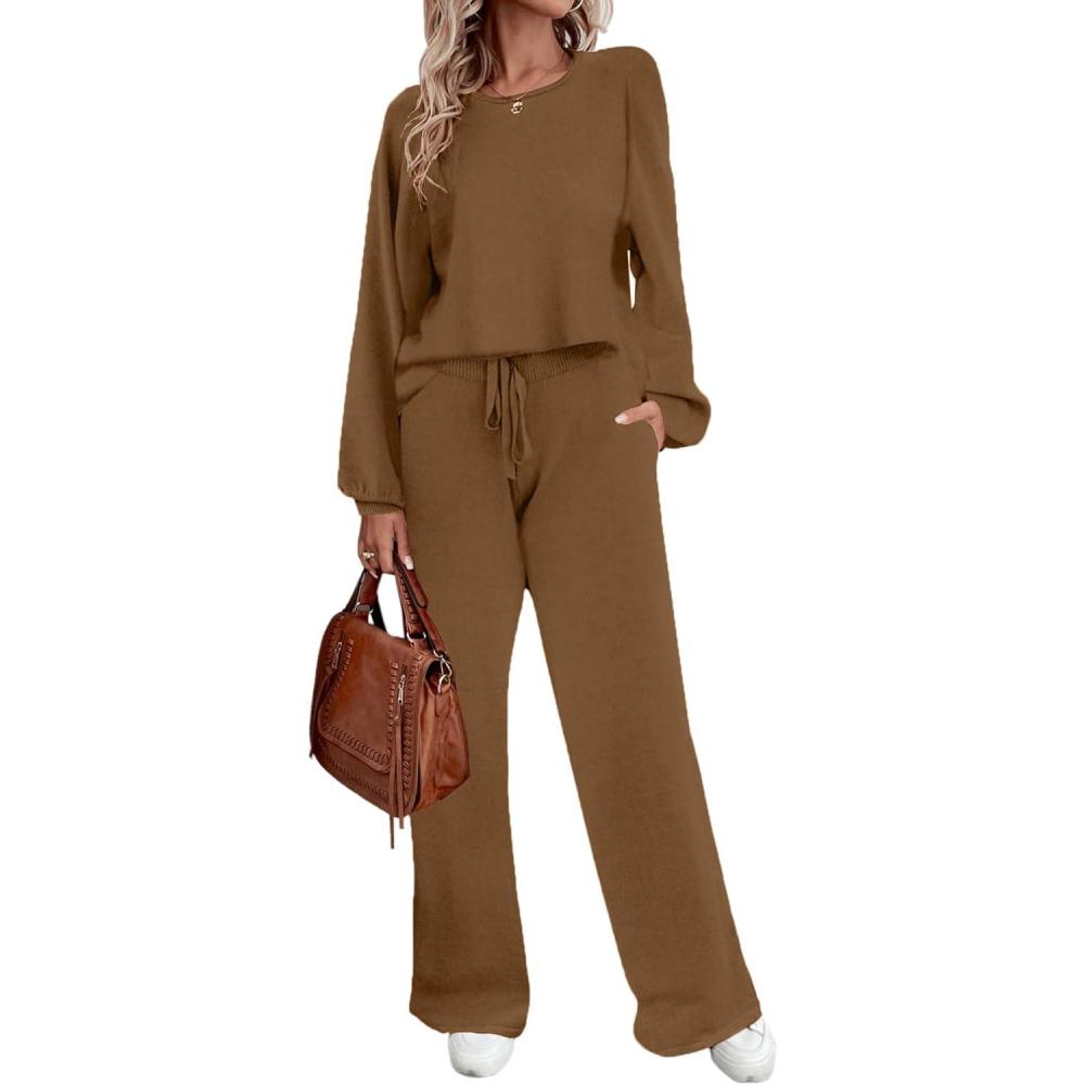 imageEkouaer Knit Lounge Sets for Women 2 Piece Cozy Long Sleeve Pullover Sweater Top and Wide Leg Pants Set Pajamas OutfitsLight Brown